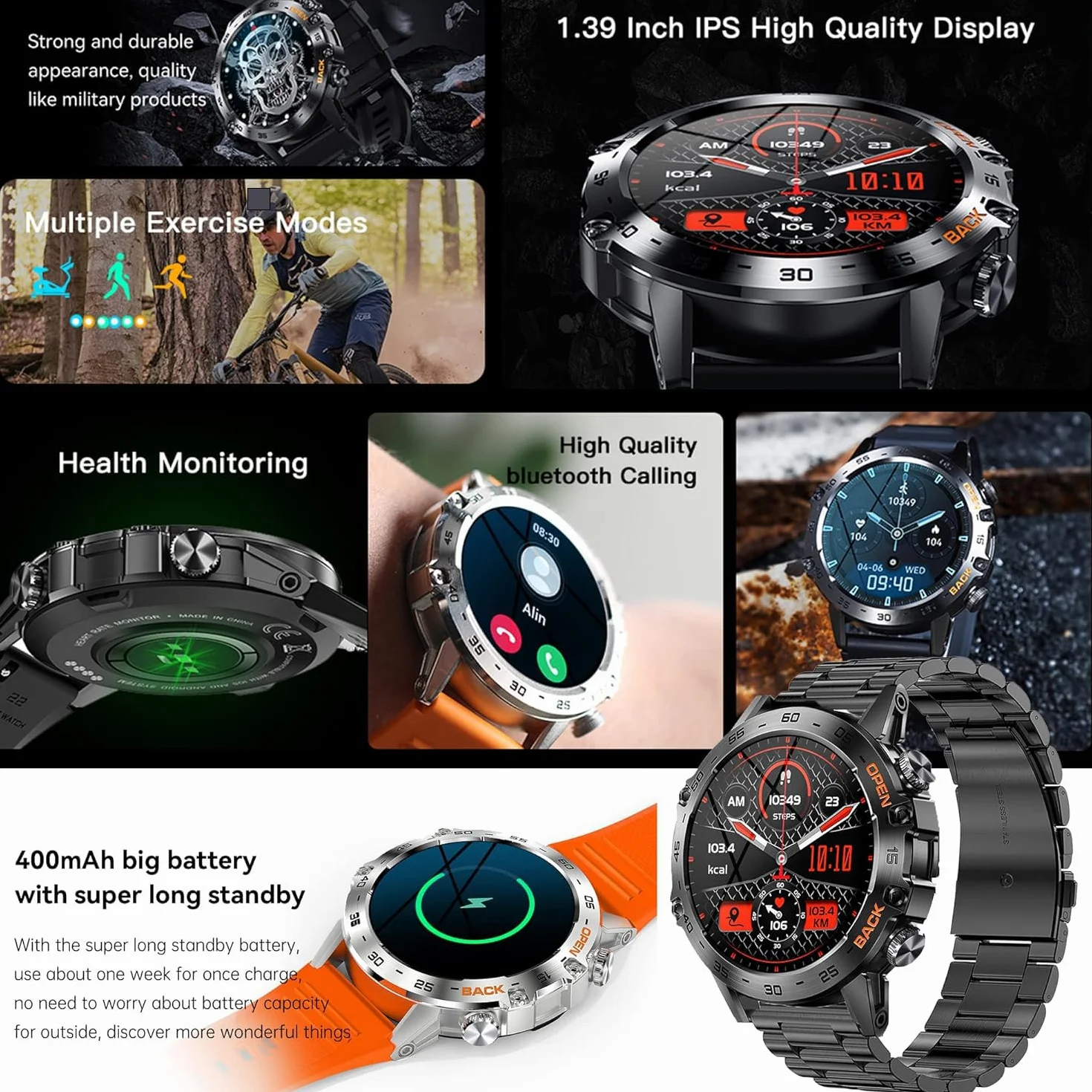 Smartwatch Męski z Bluetooth 1,39 Cala 123 Tryby Sportowe IP68 dla Android iOS (czarny)