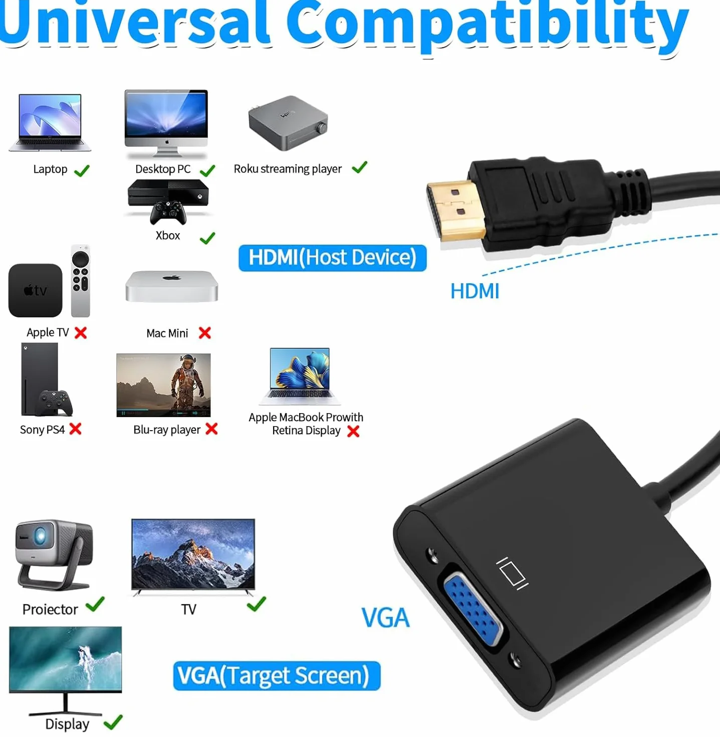 YIIFELL Adapter HDMI na VGA 1080P męski na żeński konwerter do komputera laptopa monitora projektora HDTV