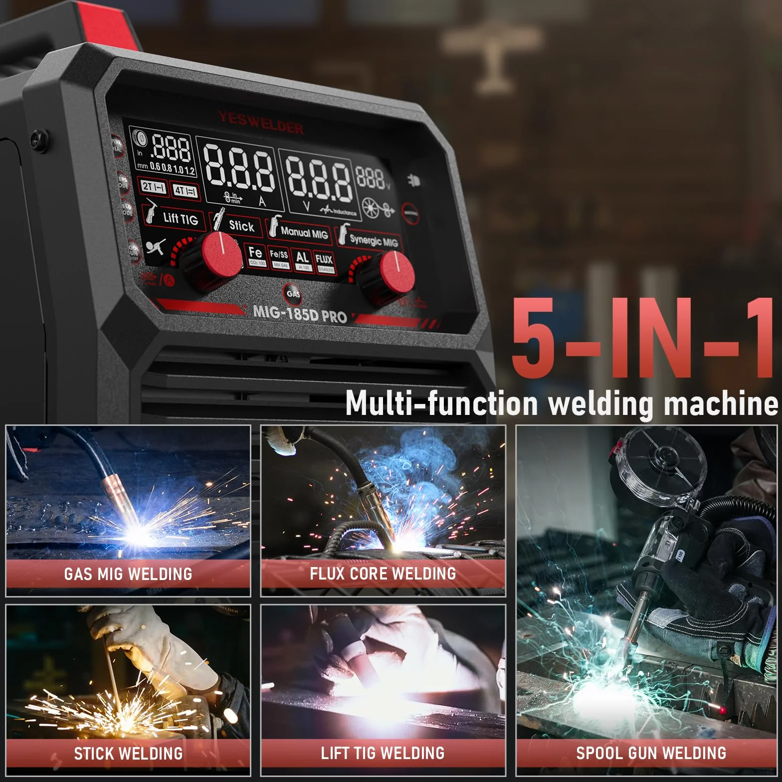 YESWELDER 185A Spawarka MIG MAG, Flux Core MIG/MIG Gazowy/Pistolet spawalniczy MIG/Lift TIG/Stick 6 w 1 Wieloprocesowa Spawarka do Aluminium, Cyfrowy Wyświetlacz LED Synergiczne Sterowanie 230V