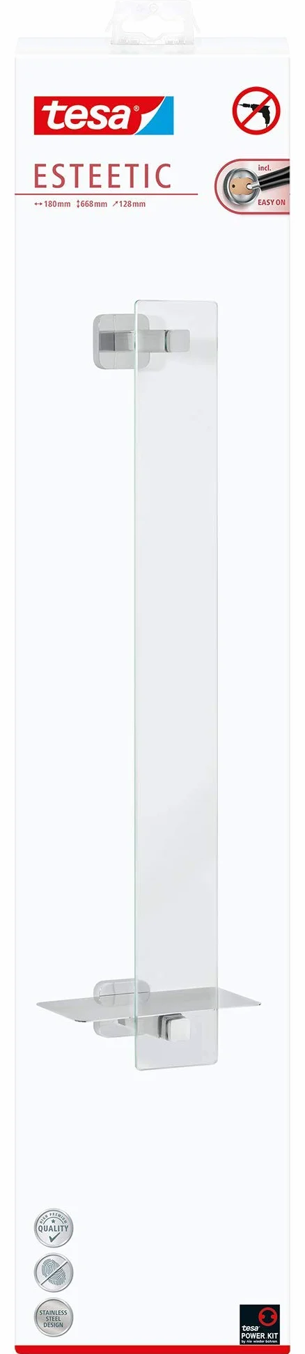 tesa ESTEETIC wieszak na ręczniki dla gości, w zestawie z roztwór klejowy, szlachetne wzornictwo, wygląd stali nierdzewnej, 127 mm x 180 mm x 667 mm