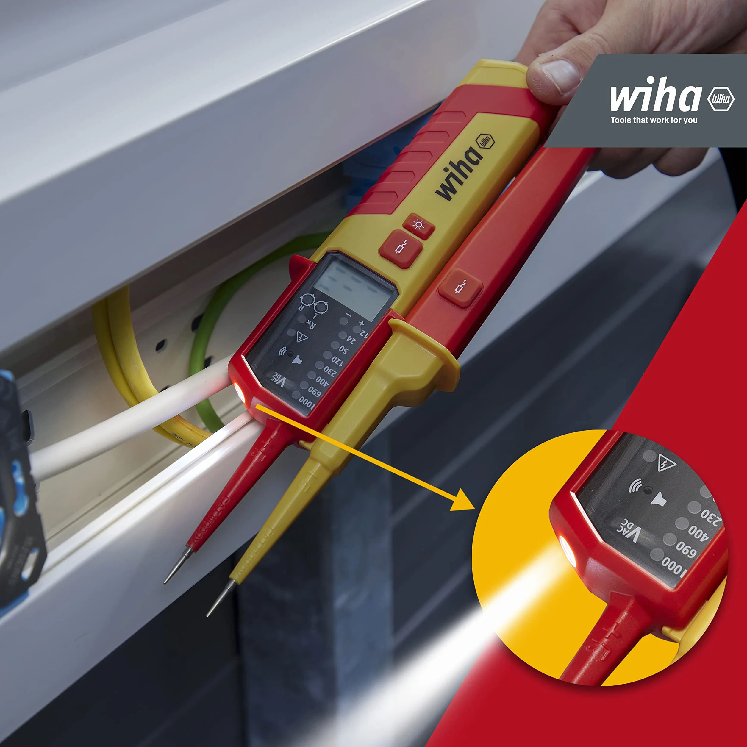 Wiha Tester napięcia i ciągłości 1500 V, CAT IV w zestawie 2 x baterie AAA I kompatybilny z fotowoltaicznymi I LED/LCD (45217), czerwony/żółty