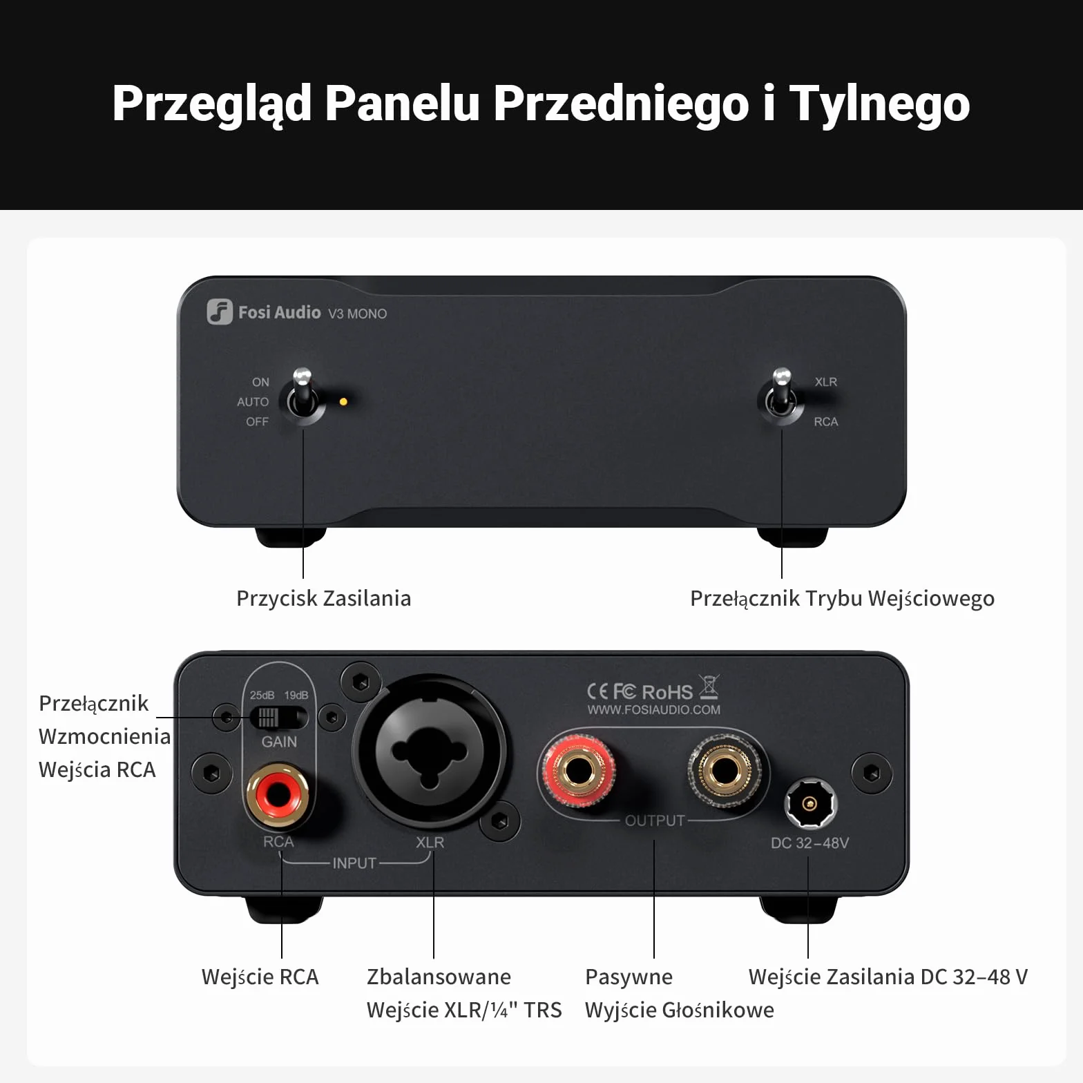 Fosi Audio Due V3 Mono HiFi Audio Amplifier 240W TPA3255 Wzmacniacz Monoblokowy Klasy D Zbalansowane Wejścia RCA/XLR 48V/10A