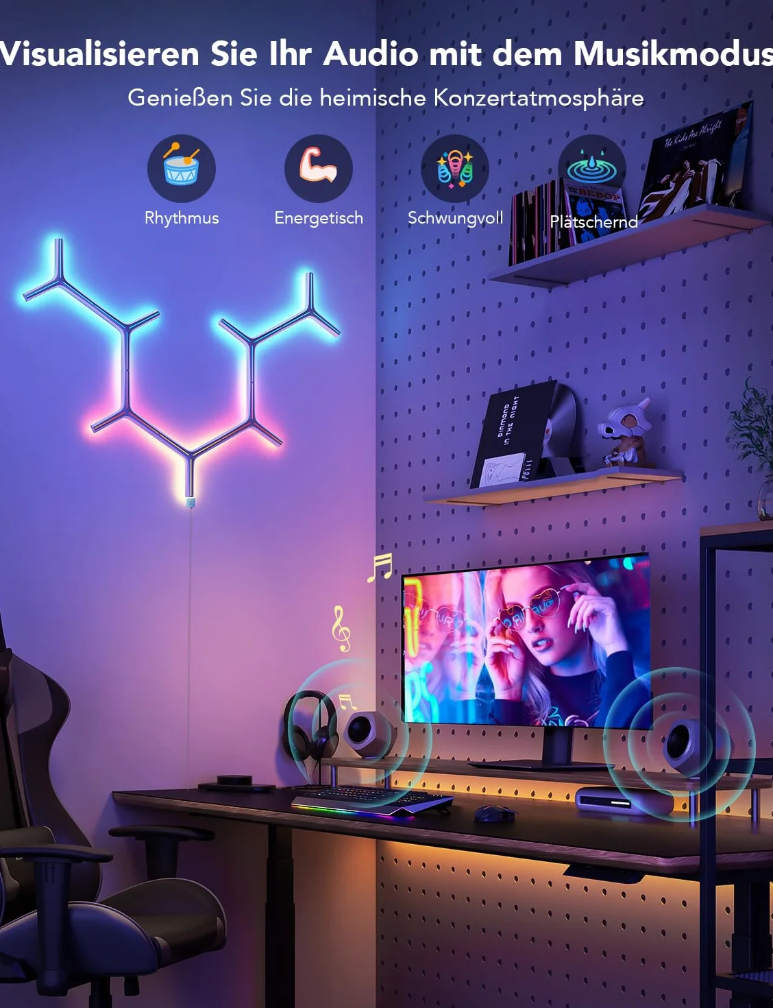 Govee Glide Y Lights, RGBIC LED Gaming Lights, Smart Home DIY kreatywne oświetlenie dekoracyjne z synchronizacją muzyki i 40+ trybów scenerii, lampy ścienne Wi-Fi do salonu, sypialni, 7 sztuk w