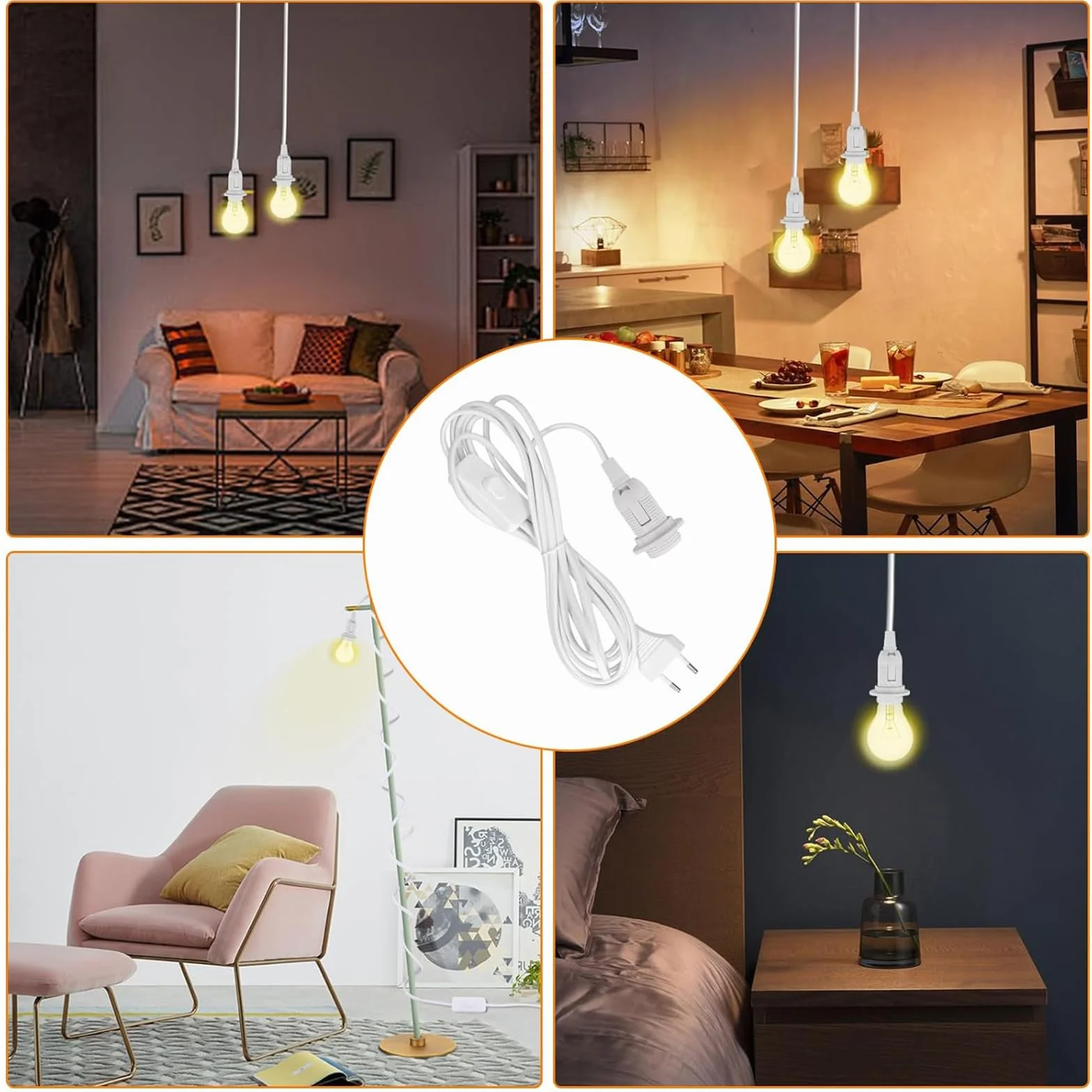 VIEVRE 3,0 m oprawka lampy E14 z kablem, oprawka lampy z przełącznikiem, oprawka E14 z wtyczką maks. 60 W 250 V do zawieszenia lamp, lamp DIY, lampa sufitowa, biała