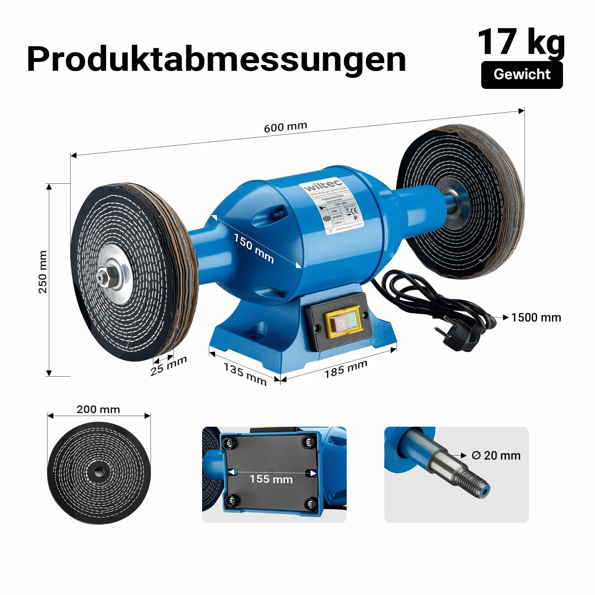 Wiltec Polerka 750 W Ø 200 mm 2950 U/min elektryczna żeliwna