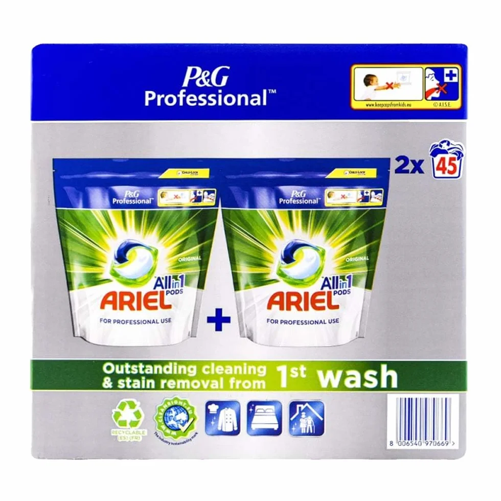 Ariel Professional, All in One Detergent Pralka Kapsułki, 90 Myć, (2 x 45 Kapsułek), Regularne, Usuwanie Plam I Niesamowite Czyszczenie