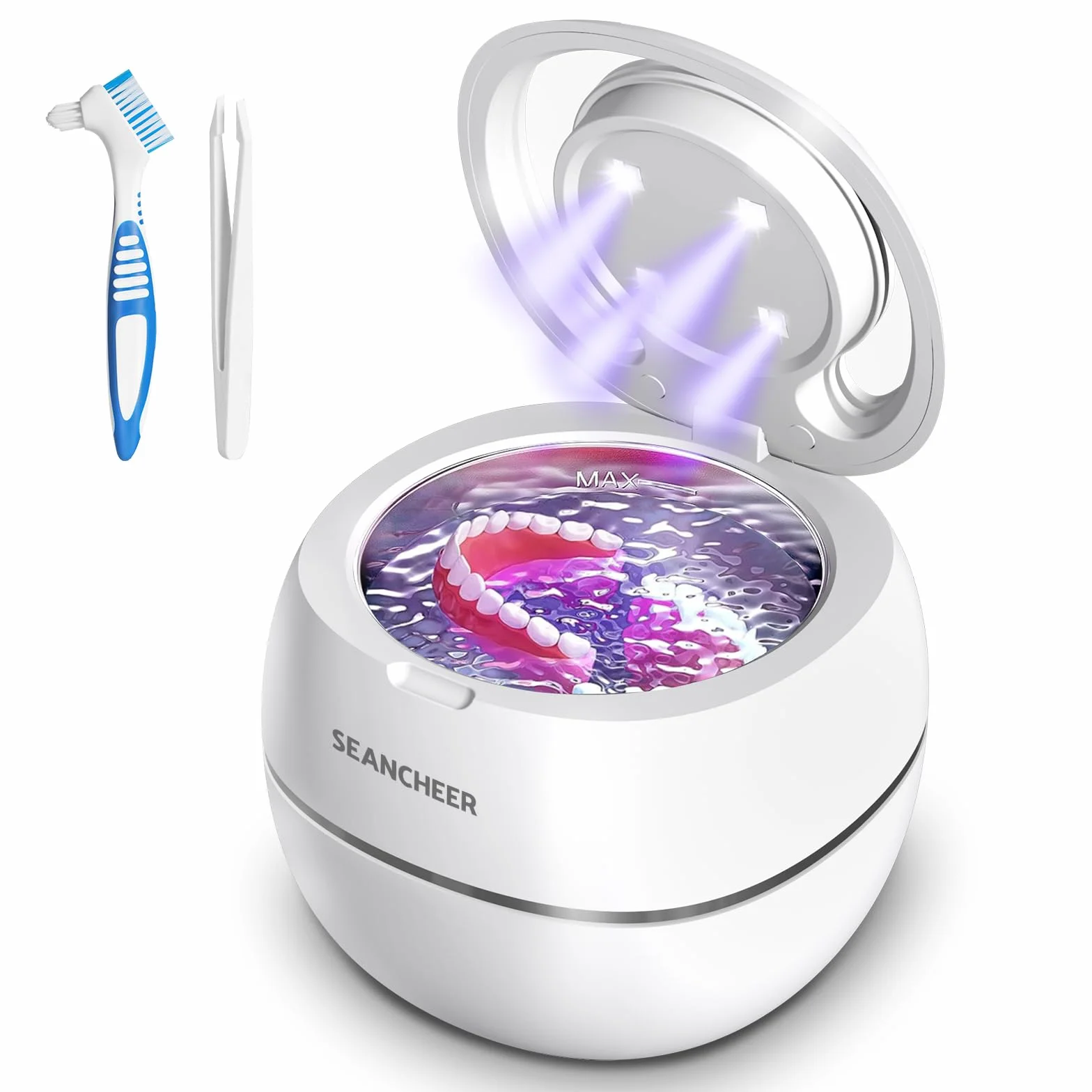SEANCHEER Urządzenie Do Czyszczenia Ultradźwiękowego | 48000Hz | 24W | 180ML | Czyścik Ultradźwiękowy z lampą UV Do | Protez | Retainerów | Alignerów | Szyn Zębowych | Biżuterii | (Biały)