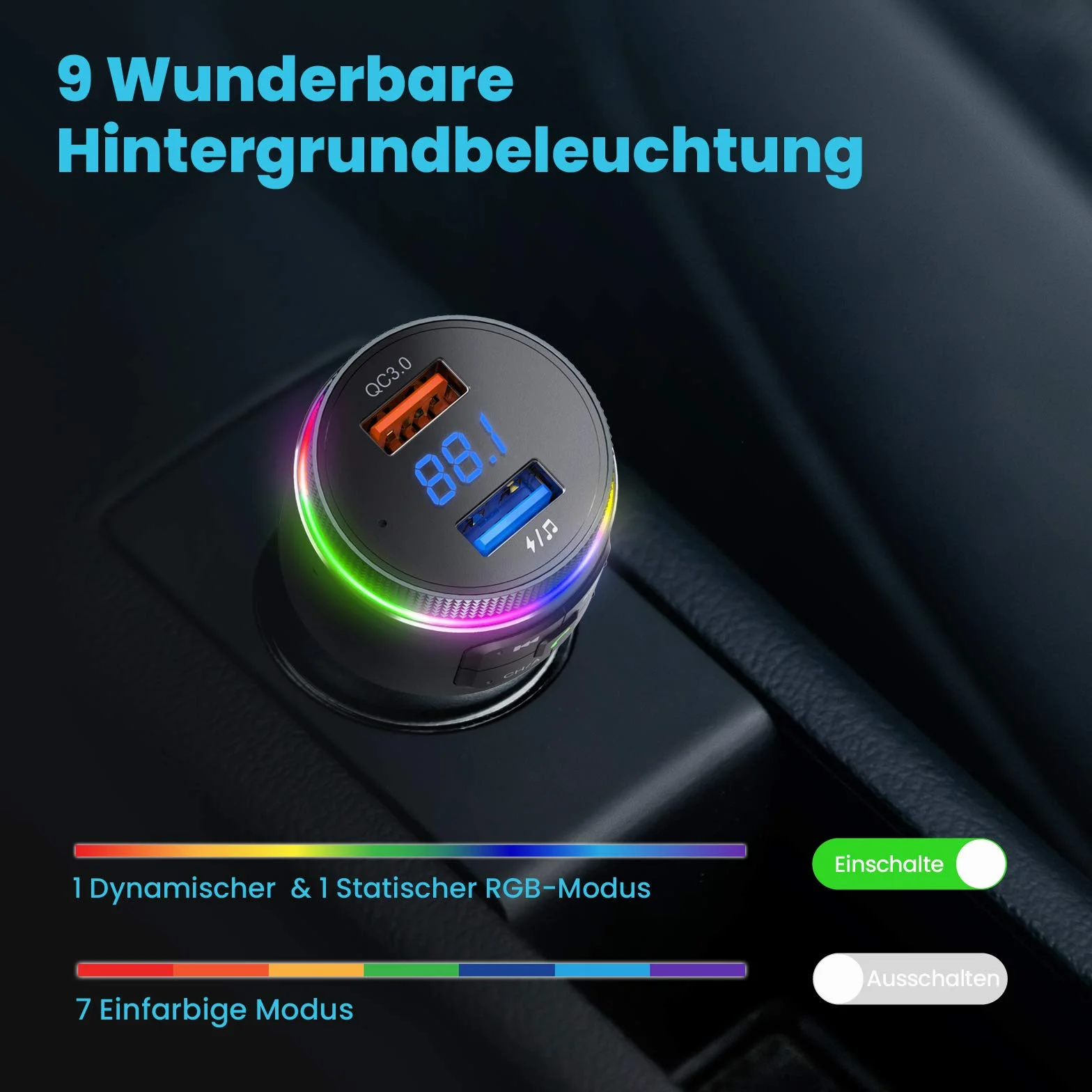 ANSTA Automatyczny nadajnik Bluetooth FM QC3.0 RGB podświetlenie podwójny mikrofon
