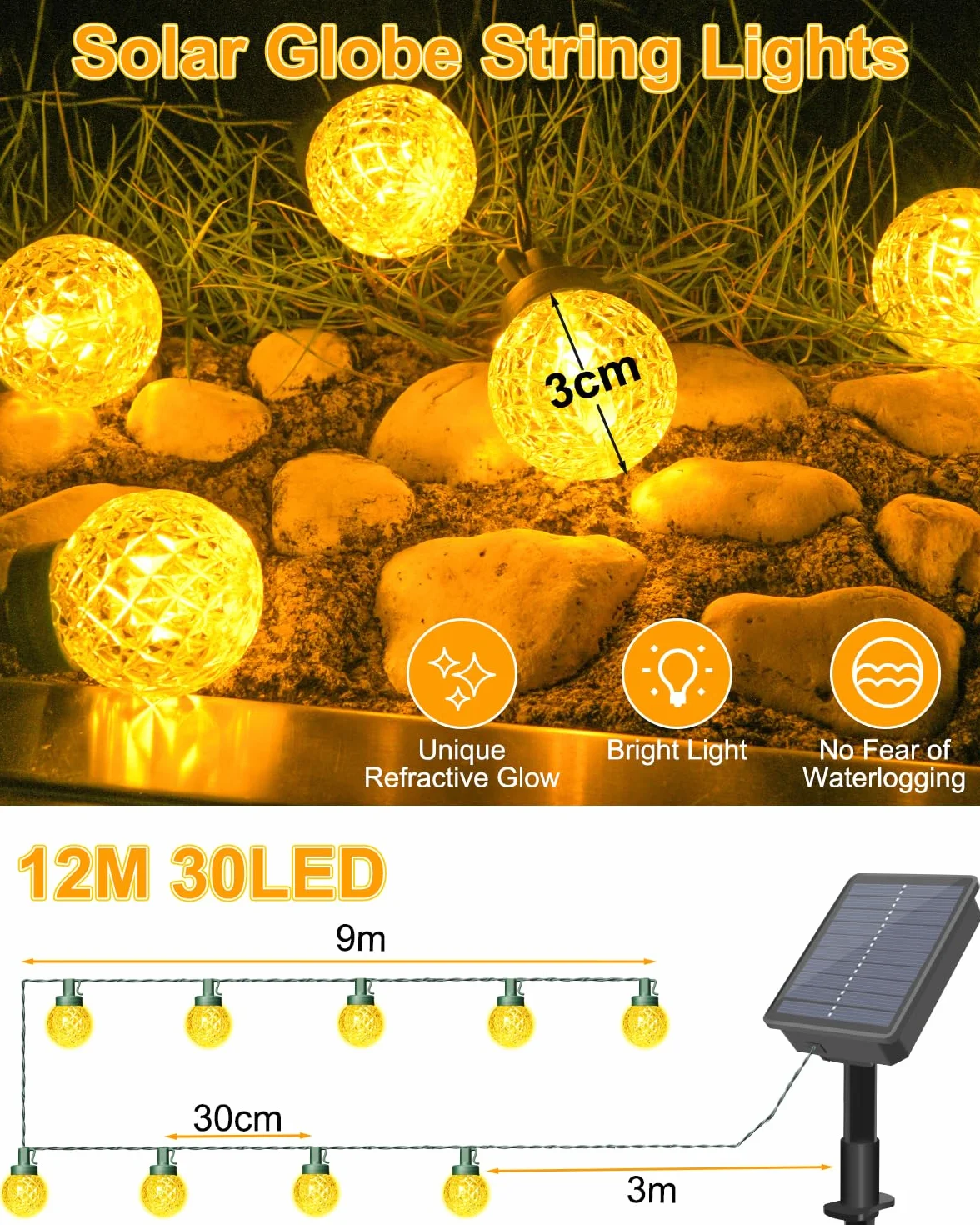 Dalugo Solarny łańcuch świetlny na zewnątrz, 12 m, 30 diod LED, do użytku na zewnątrz, z timerem, 8 trybów pracy, ciepła biel, solarny łańcuch świetlny na zewnątrz, odporny na warunki atmosferyczne
