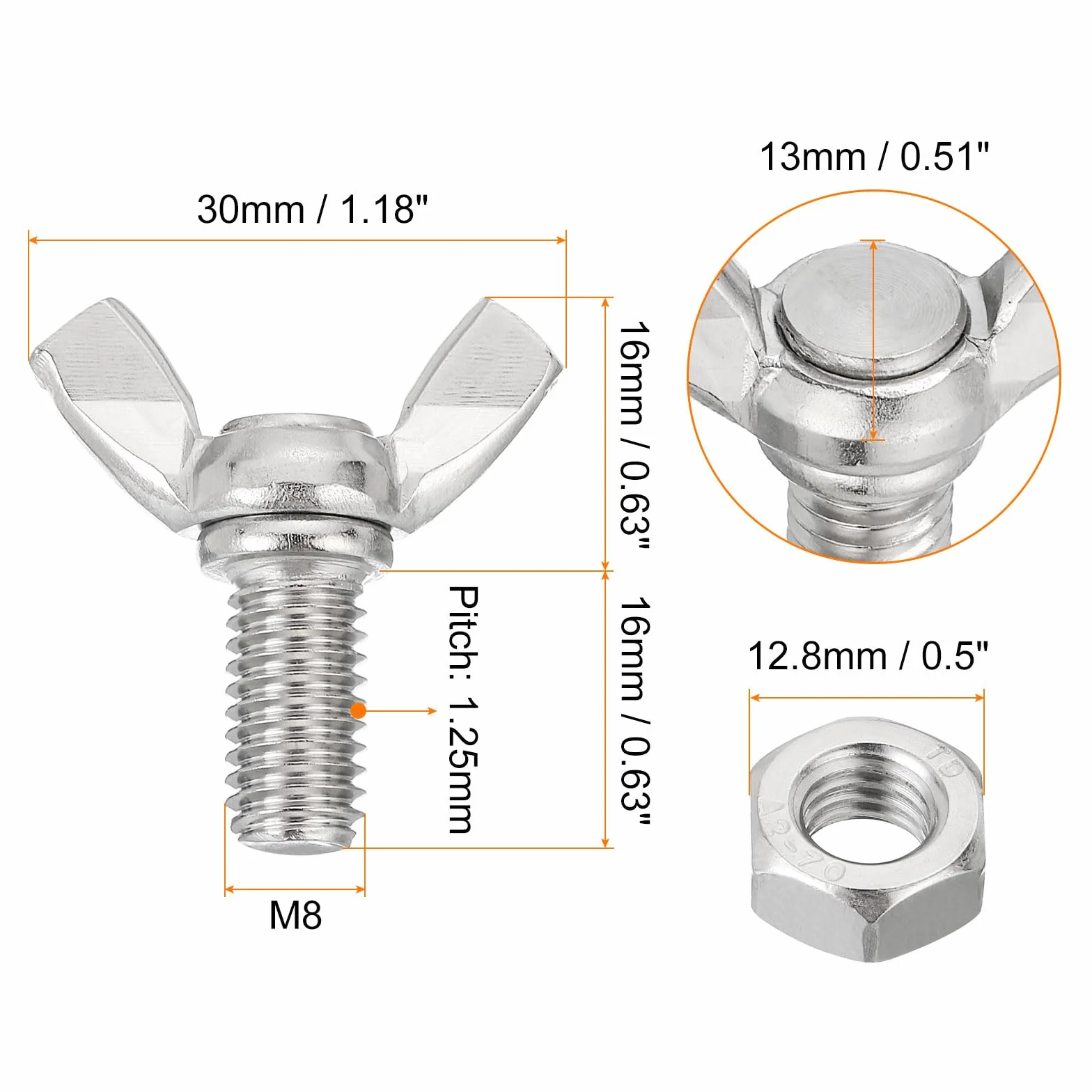 QUARKZMAN 6 szt. Śruby motylkowe skrzydełka M8-1,25 x 16 mm z 6 nakrętkami, 304 śruby ze stali nierdzewnej, śruby motylkowe ręczne z łbem motylkowym