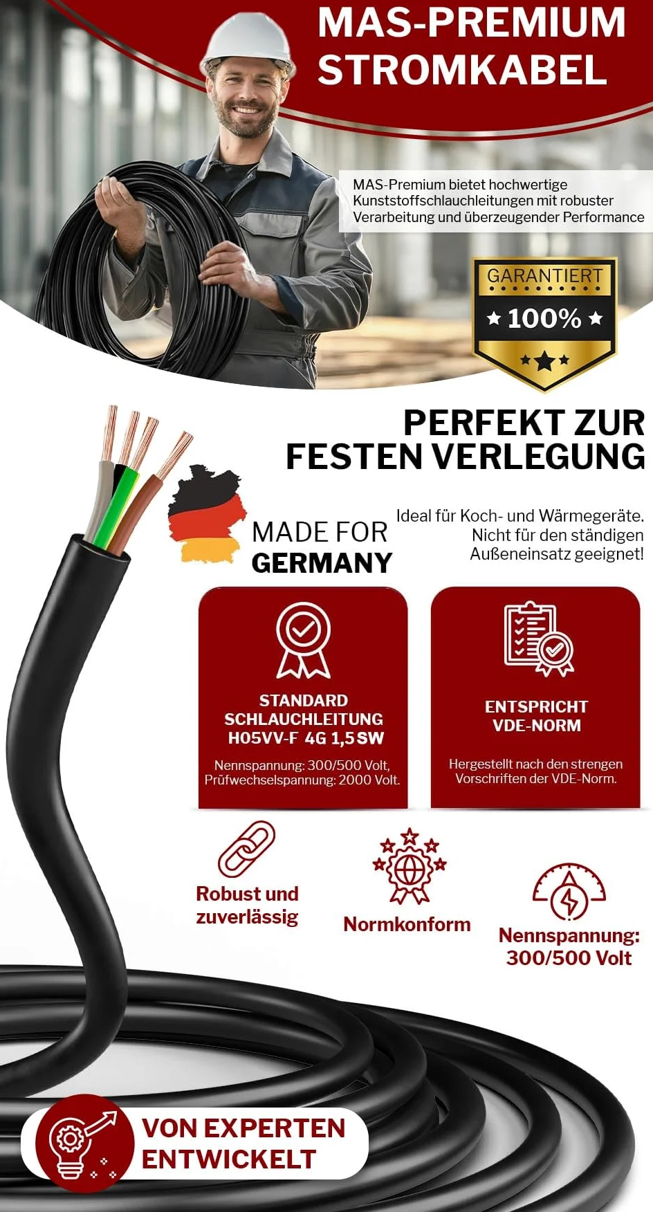MAS Premium Przewód węża z tworzywa sztucznego H05VV-F 2, 3, 4 lub 5 x 0,75; x1; x1,5 lub x2,5 elastyczny przewód, kabel do urządzeń (H05VV-F 4G1,5SW, 30 m)