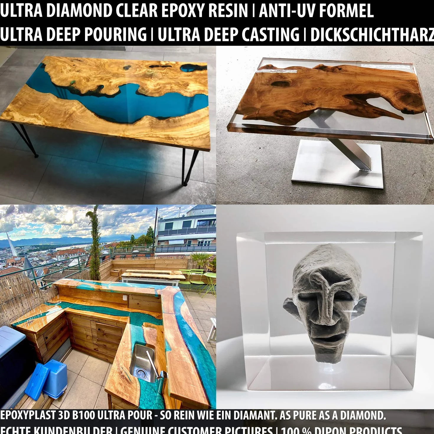 3,0 kg żywica epoksydowa żywica epoksydowa tworzywo sztuczne 3D B100 ULTRA POUR 11 cm (110 mm) wysokość do stołu rzecznego i ultra diamentowa, przezroczysta, maksymalna ochrona przed promieniowaniem