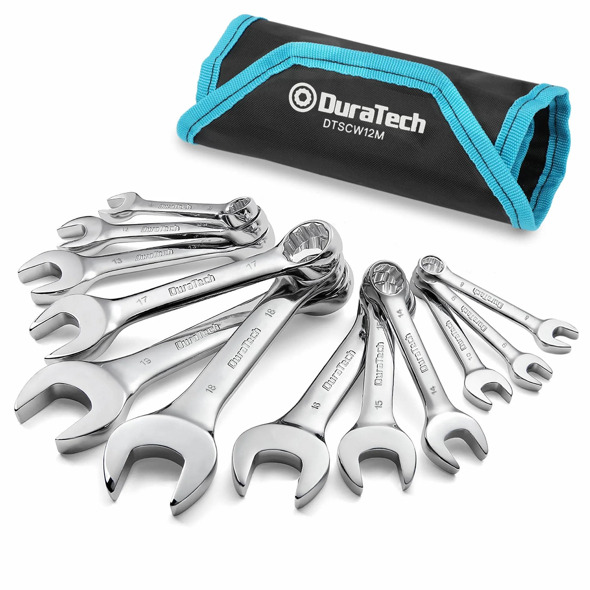 DURATECH Stubby Zestaw 12 kluczy mieszanych, otwarty koniec, 8-19 mm, stal chromowo-wanadowa, 12 sztuk, z torbą do przenoszenia