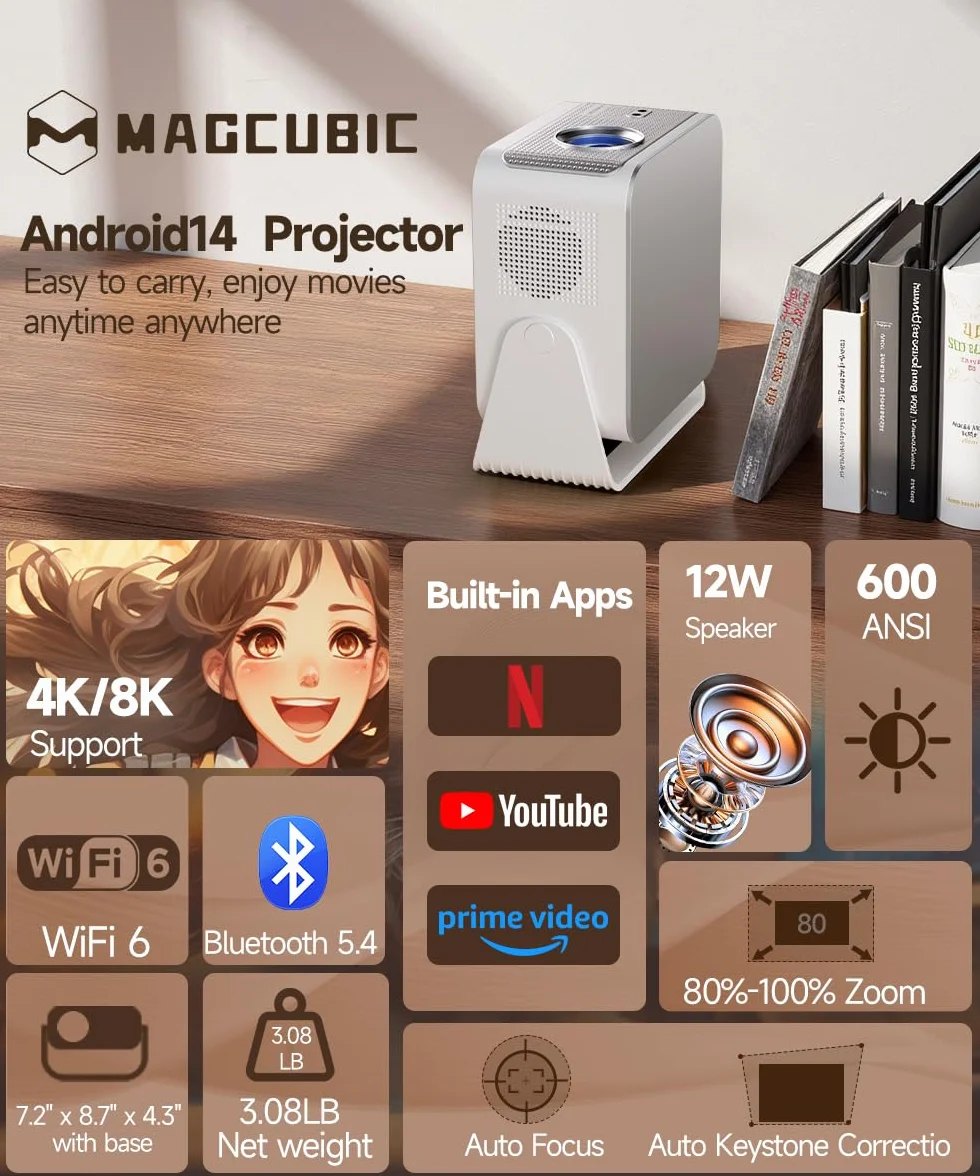 Magcubic Mini Projektor 4K & 8K, 1080P Przenośny do Sypialni z Android 14, WiFi 6 Bluetooth 5.4, Autofocus, Automatyczna Korekcja Keystone, Głośnik 15W, Obrót 180° dla Kina Domowego HY350MAX