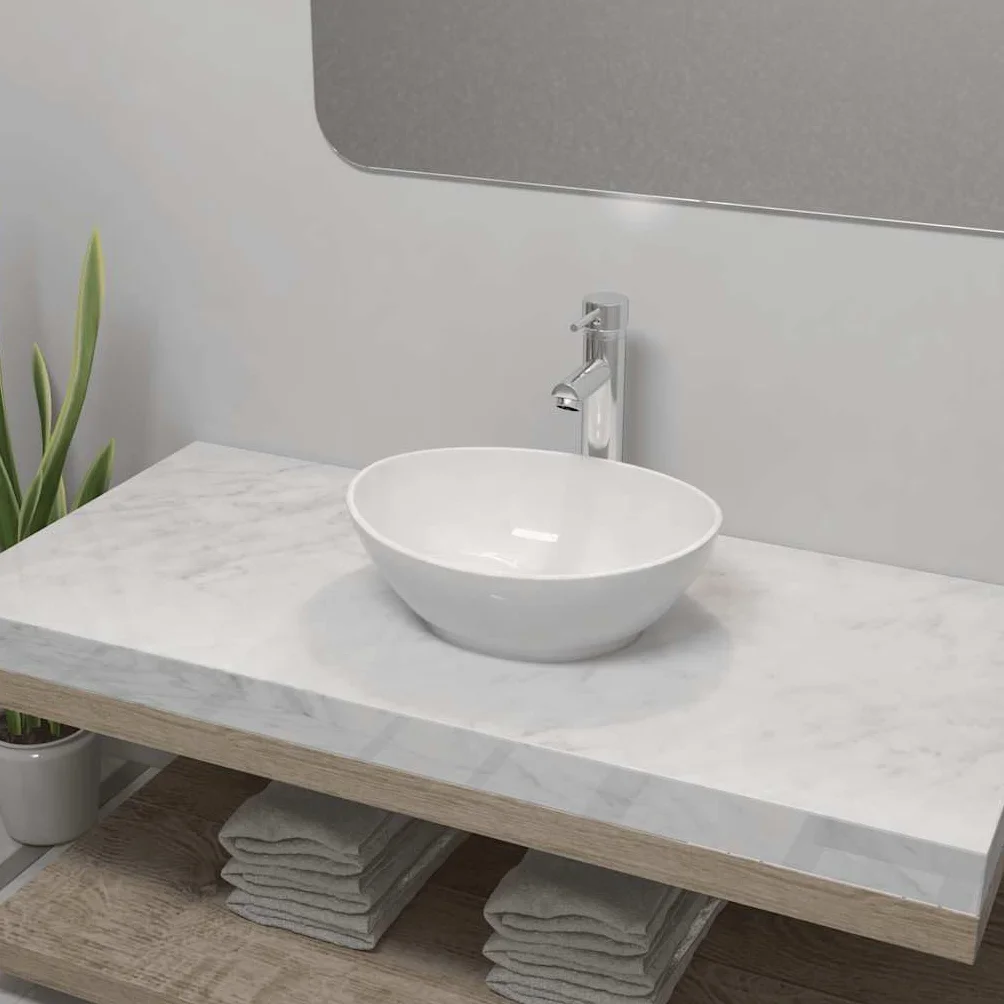 Umywalka łazienkowa z kranem mieszakowym, ceramiczna, owalna, biała, zajmująca niewiele miejsca umywalka nasadowa do łazienki, umywalka z chromowaną armaturą, łatwy montaż, łatwa w utrzymaniu