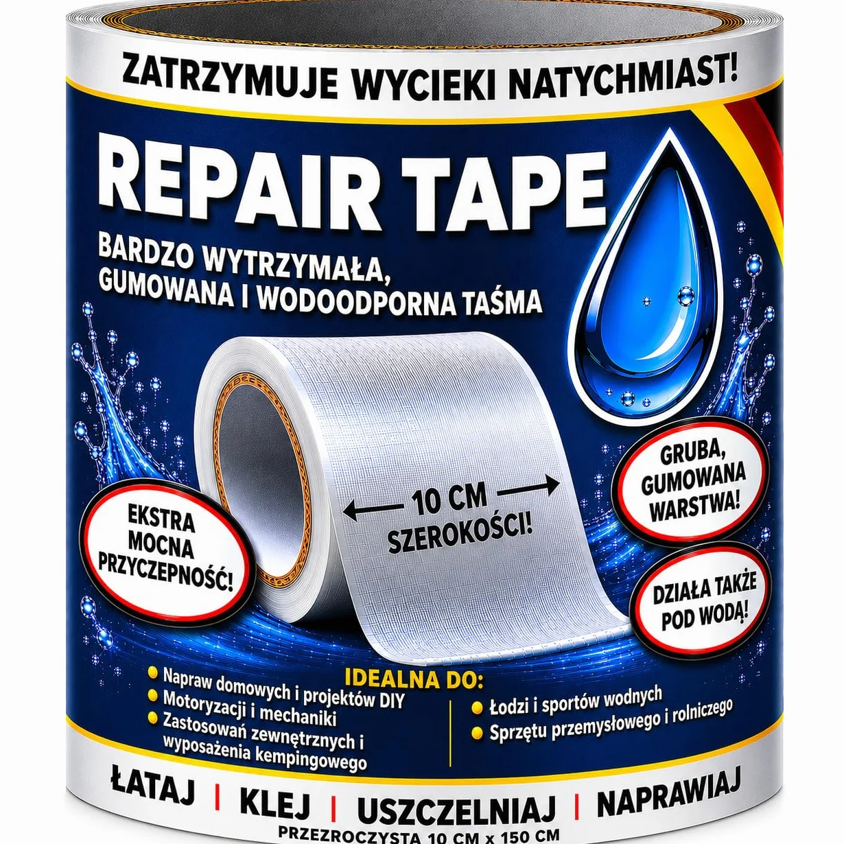 ATG® Wodoszczelna taśma klejąca do basenu i schwimmbadu 10x150 cm – wodoodporna taśma naprawcza do rur, namiotów i materacy, do wewnątrz i na zewnątrz