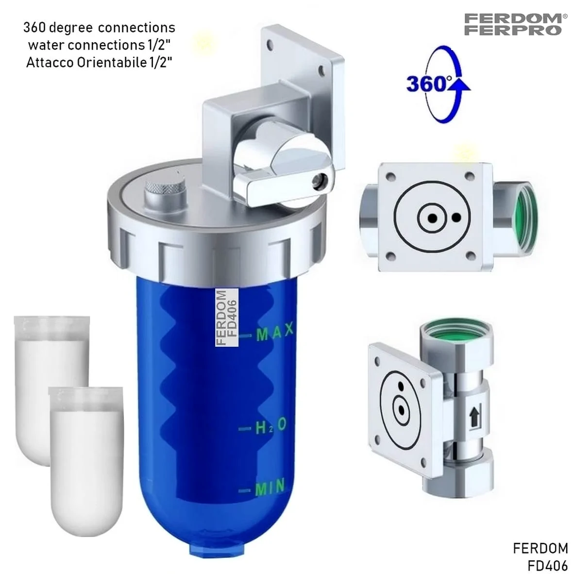 ZESTAW OCHRONY INSTALACJI FD444 FERDOM. 2 w 1. Filtr Wstępny, Osadowy Typu Spin-Down z Siatką Inox 40-60 μm (FD244) + Dozownik/Podajnik Proporcjonalny do Wody Wodociągowej, Dodatkowe Wkłady (FD406).