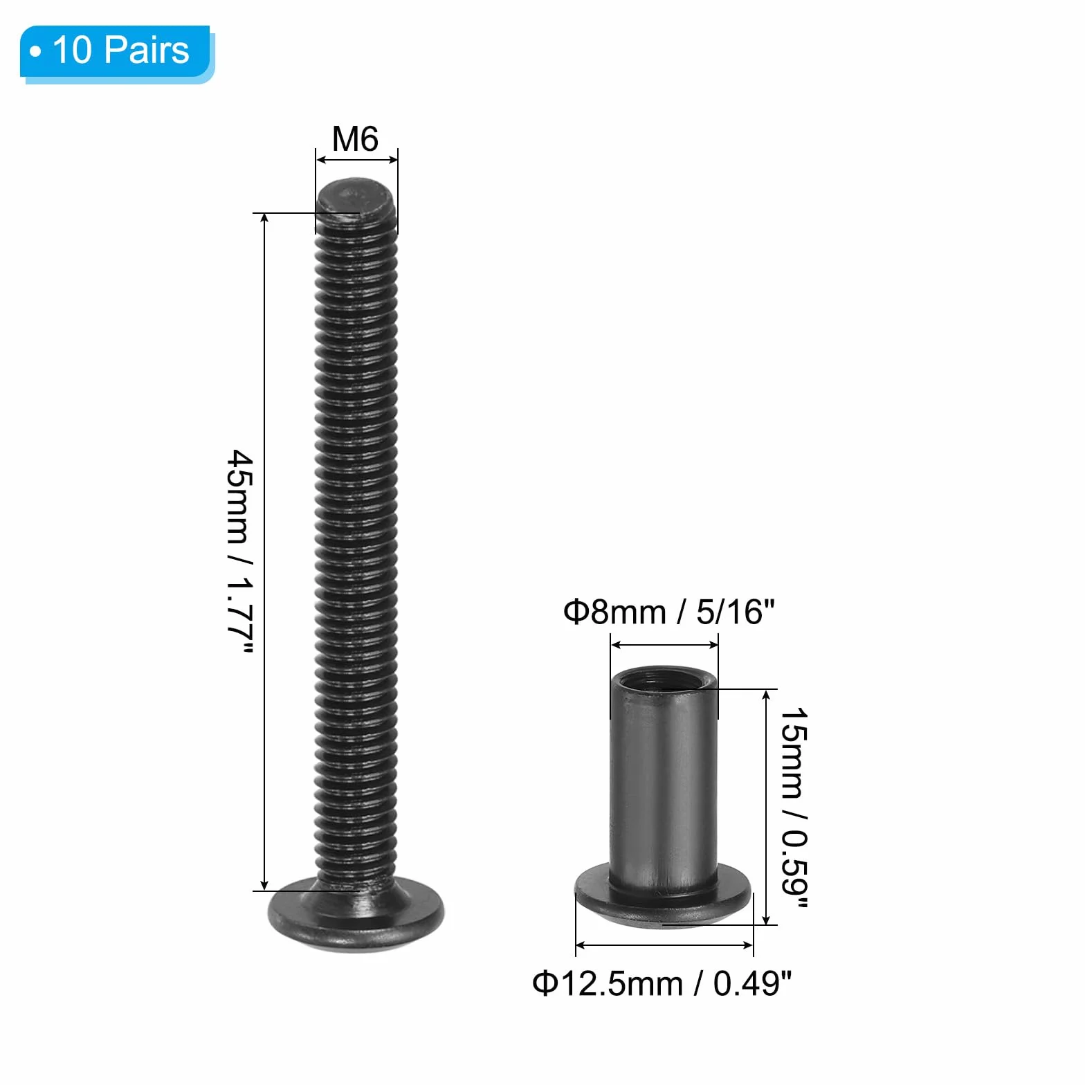 PATIKIL 10 sztuk śrub łączących M6 x 45 mm, sześciokątne śruby łączące ze śrubami tulejowymi, nakrętka tulejowa, stal węglowa, zestaw śrub łączących do drewnianych desek, szaf, mebli, kolor czarny