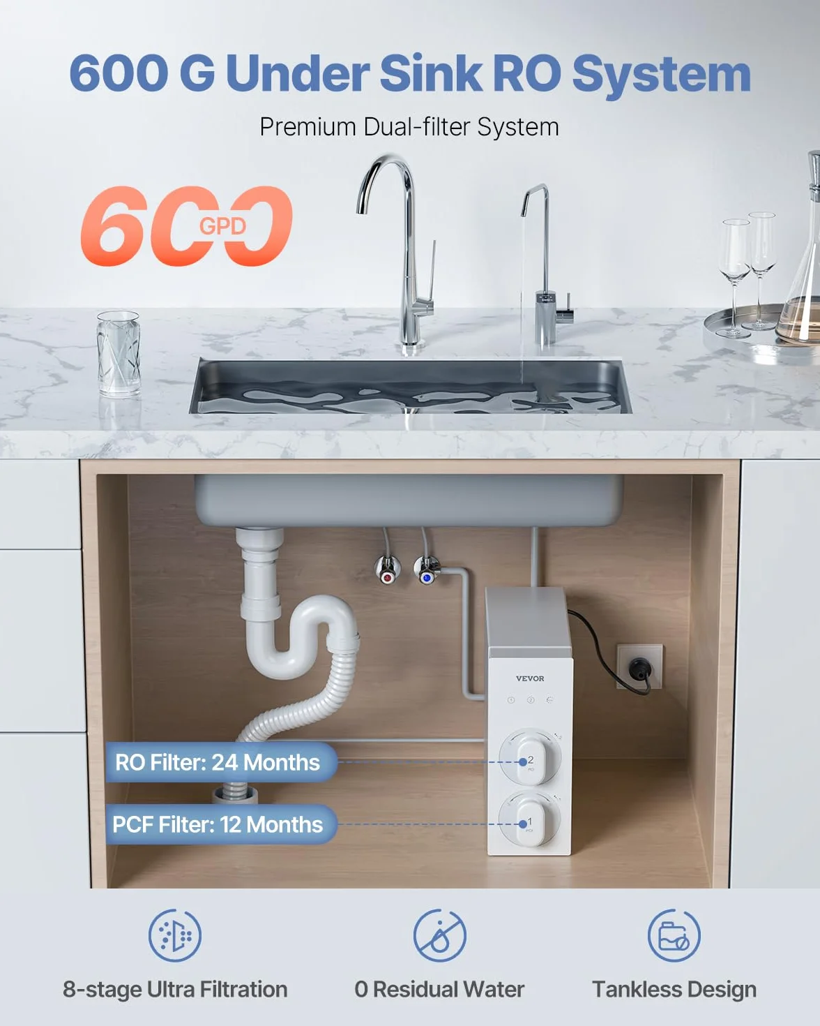 VEVOR System odwróconej osmozy, 600 GPD 8-stopniowy bezzbiornikowy filtr wody odwróconej osmozy, redukcja TDS z certyfikatem NSF, system filtracji wody pod zlewem z inteligentnym kranem, stosunek