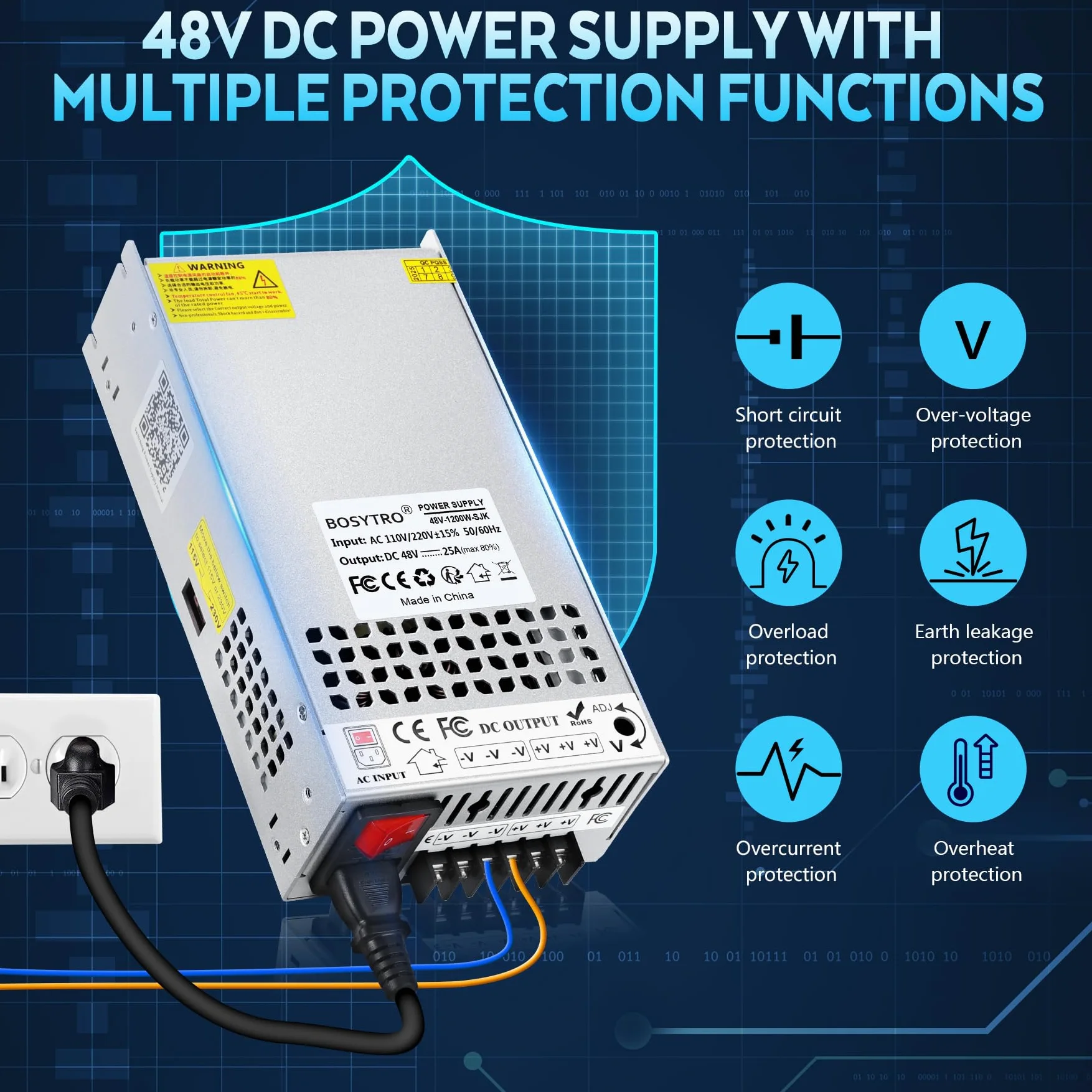 Ulepszony zasilacz impulsowy 48 V, 25 A, 1200 W, transformator LED 230 V na 48 V, DC 48 V, przetwornica napięcia, z kablem sieciowym i wyłącznikiem bezpieczeństwa, transformator do ogrzewania