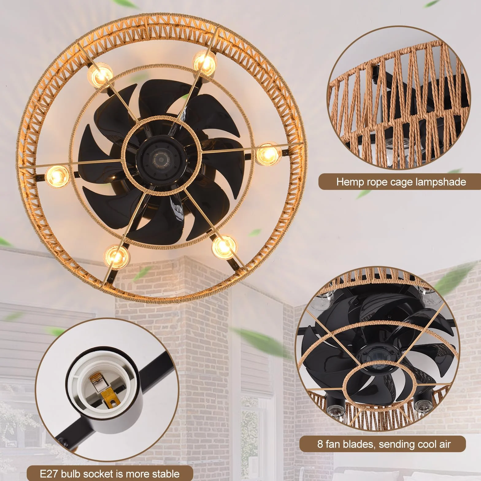 Ganeed Wentylator sufitowy industrialny 48cm Boho Rattan E27 z pilotem 6 świateł czarny