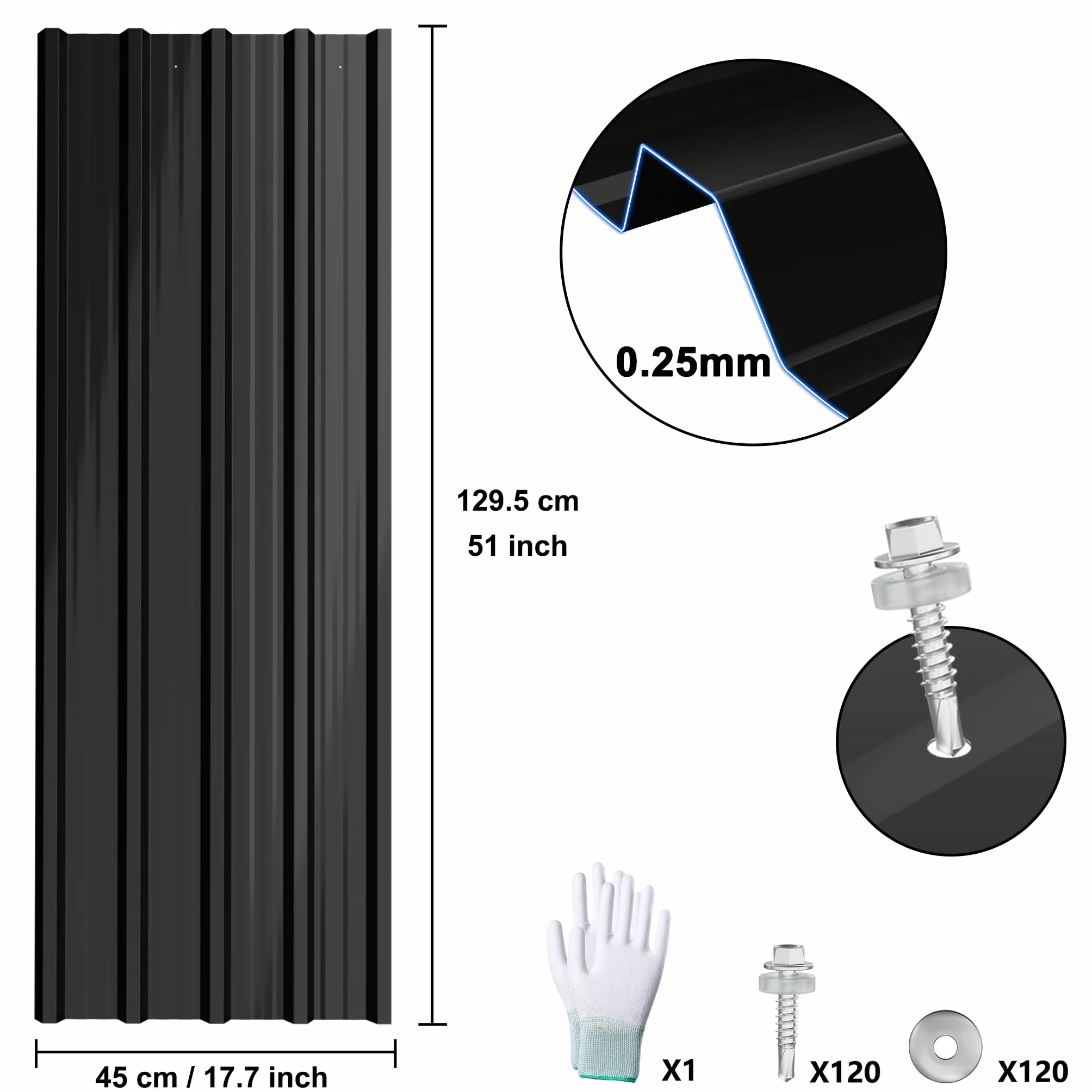 Aufun 12 x blacha falista, blacha trapezowa, stal ocynkowana, 129,5 cm x 45 cm = 6,99 m² – blacha dachowa do domku na narzędzia, płyty dachowe 0,25 mm, w zestawie 120 śrub i rękawic, blacha metalowa