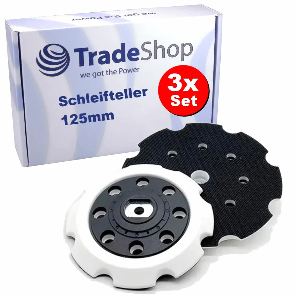 3 x Trade-Shop 8-otworowy talerz samoprzylepny na rzep 125 mm, talerz szlifierski kompatybilny z Makita PO5000C, PO6000C, DPO500Z, DPO600Z, DPO600TKX1 polerka mimośrodowa