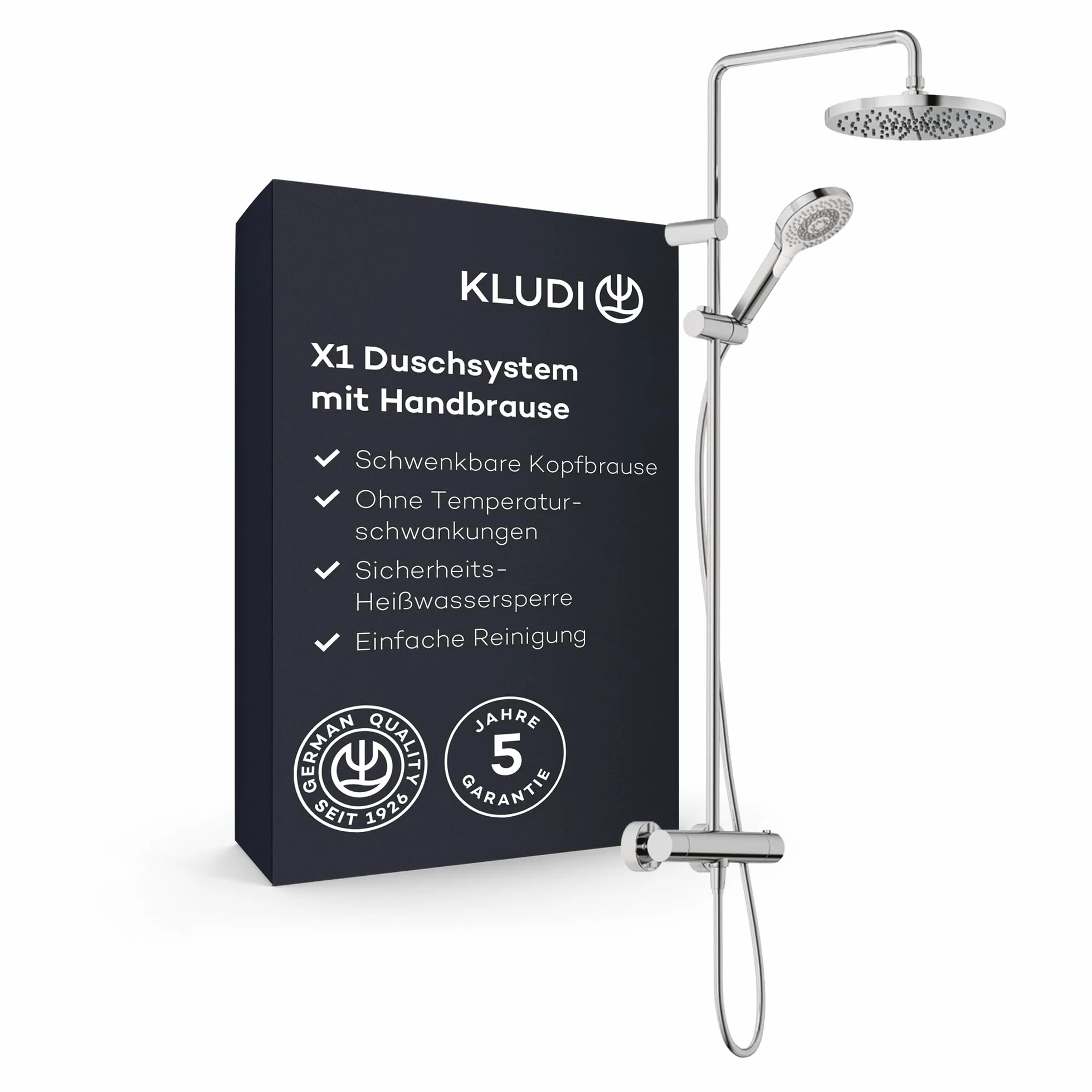 KLUDI -X1 6906705-81 system prysznicowy z głowicą i słuchawką prysznicową, termostatem Dual Shower System, chrom, montaż ścienny, armatura termostatyczna, głowica prysznicowa Ø 250 mm, 3 rodzaje