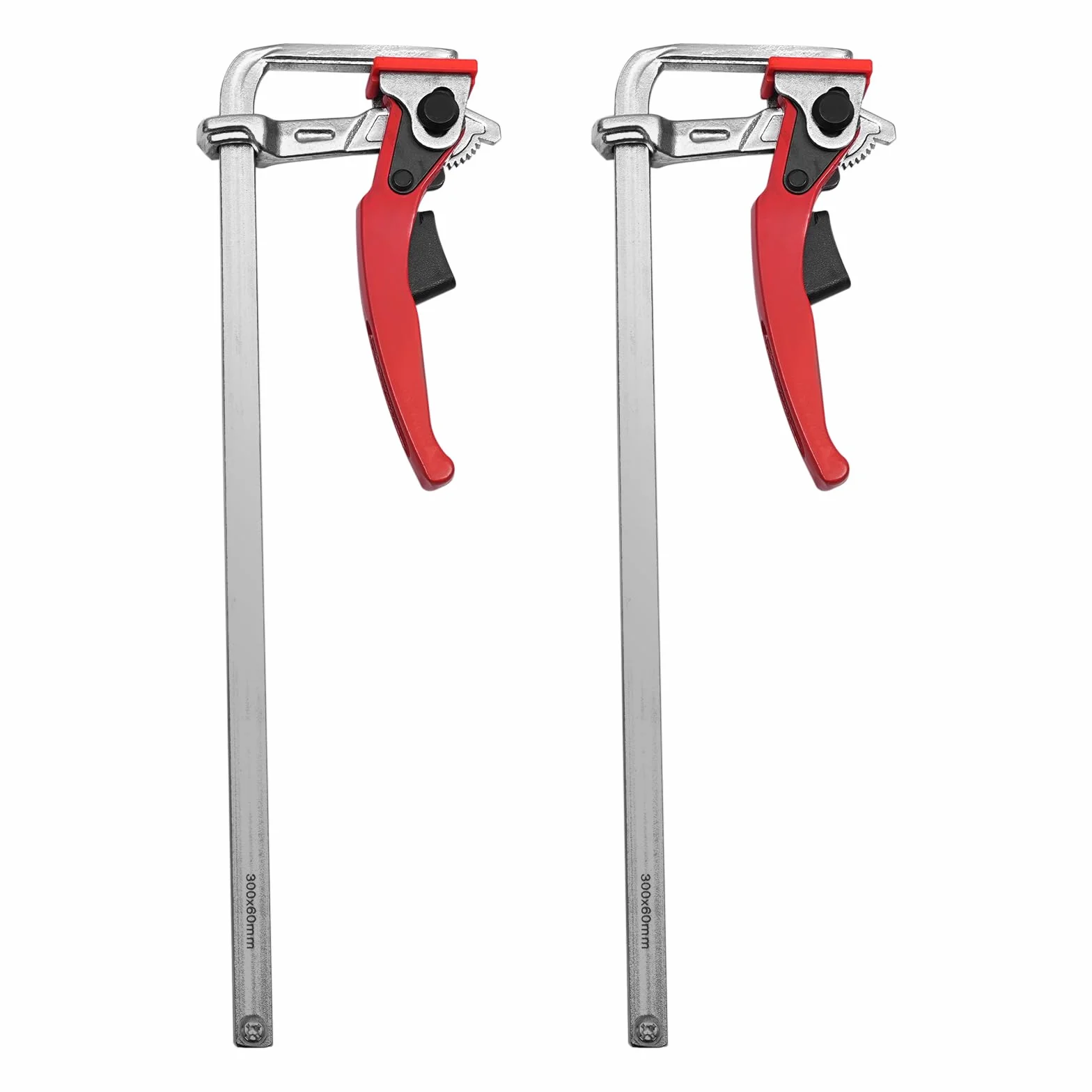 Zaciski szybkomocujące, zestaw 2 sztuk, rozpiętość 300 mm, siła zacisku 180 kg, zaciski śrubowe z przyciskiem szybkiego zwalniania i 6 cm głębokości, ze stali i stopu cynku do precyzyjnego mocowania