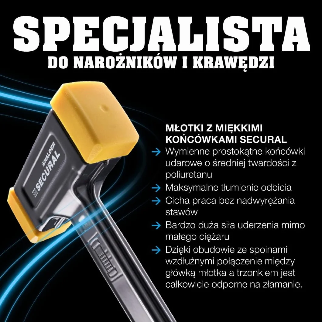 SECURAL plus młotek ochronny, głowica i trzonek odporne na pękanie z jednego kawałka stali, wkładki udarowe prostokątne, ze specjalnym zakończeniem uchwytu | dł. = 30 mm/szer. = 40 mm | 3380.140 mm