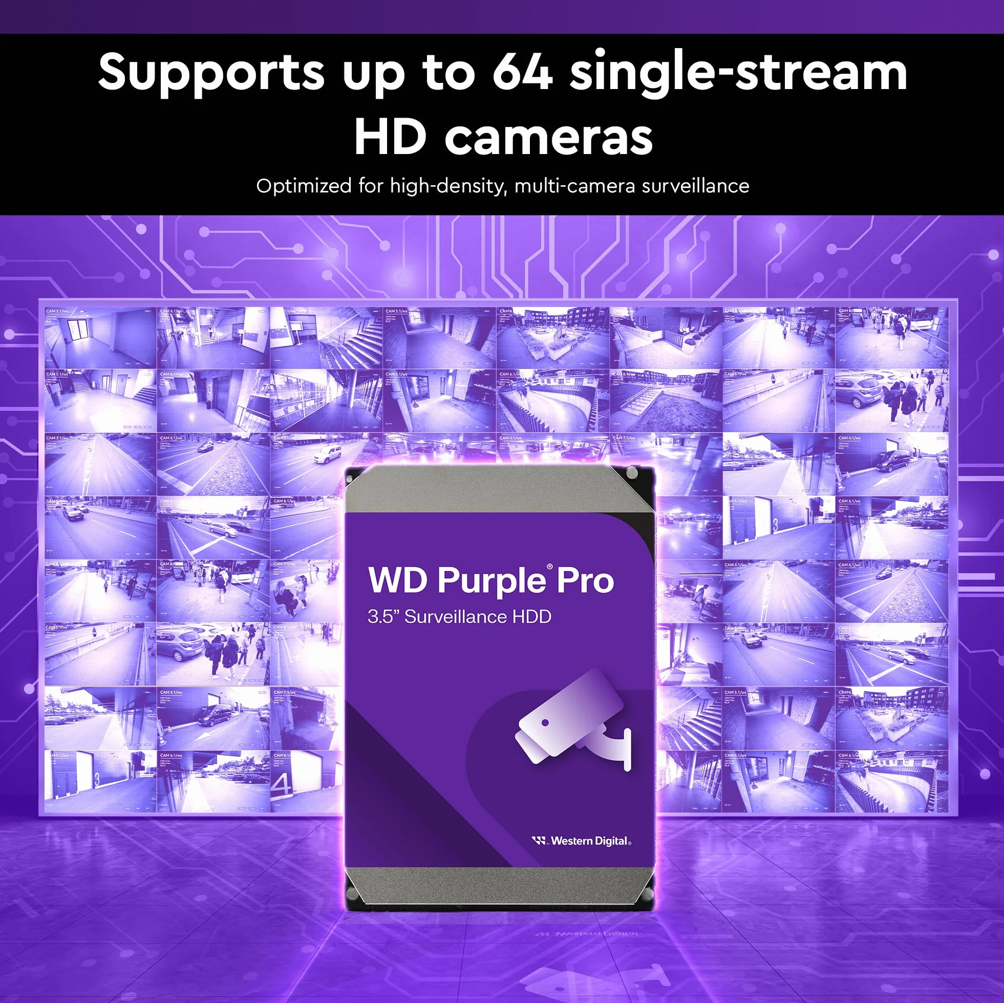 WD Purple Pro 10TB Smart Video 3.5", wewnętrzny dysk twardy, technologia AllFrame AI, 7200 obr./min, SATA 6 GB/s, 550 TB/rok, 256 MB pamięci podręcznej