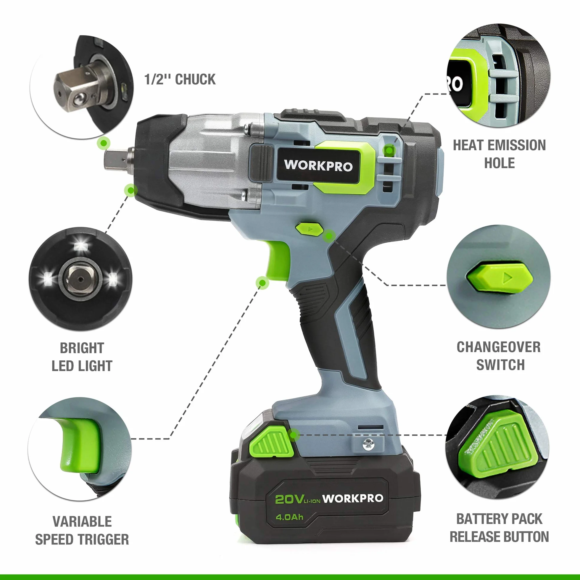 WORKPRO Akumulatorowy klucz udarowy 20 V, bezprzewodowy klucz udarowy, 1/2" uchwyt czworokątny, moment obrotowy 300 Nm, zmienna prędkość, światło LED, z akumulatorem 4,0 Ah i ładowarką