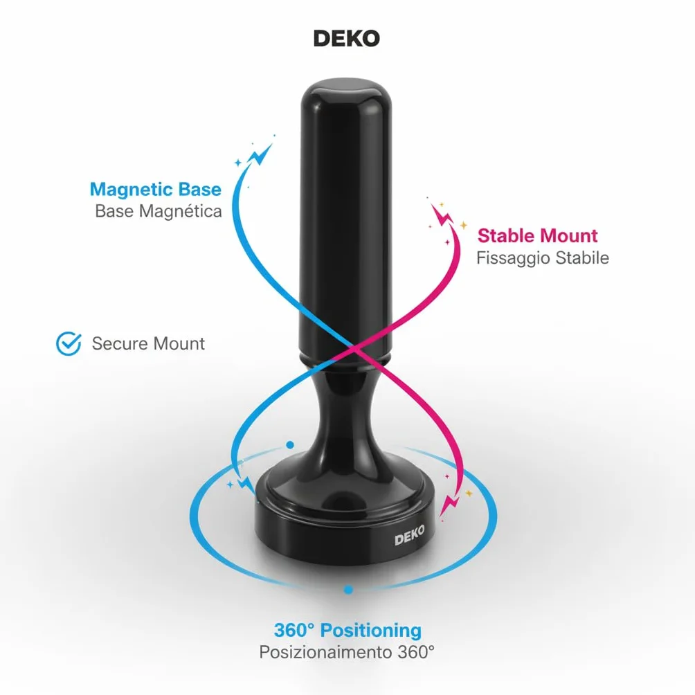 DEKO Antena DVB-T DVB-T2 ze wzmacniaczem, pokojowa HDTV, duży zasięg 360°, podstawa magnetyczna, kabel 5 m, 4K