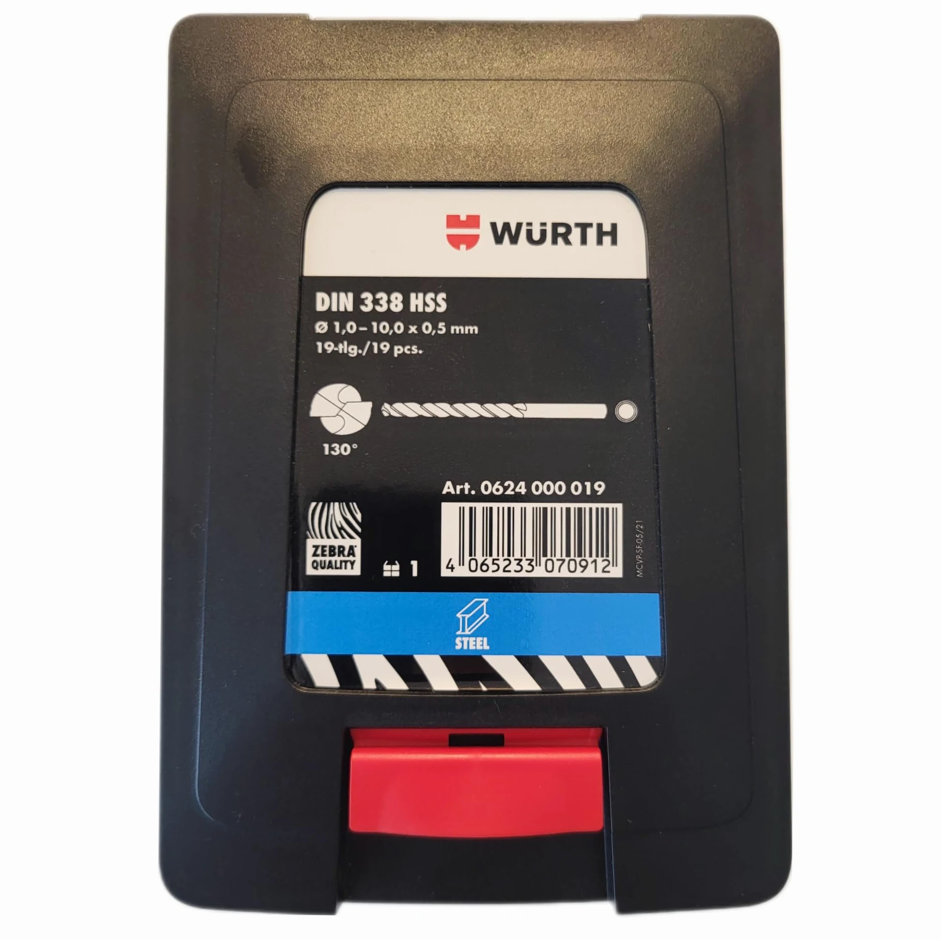 Würth Zestaw wierteł do metalu Ø 1,0-10,0 x 0,5 mm, HSS DIN 338 typ RN 130° 19-częściowy, asortyment wierteł spiralnych ZEBRA-Premium