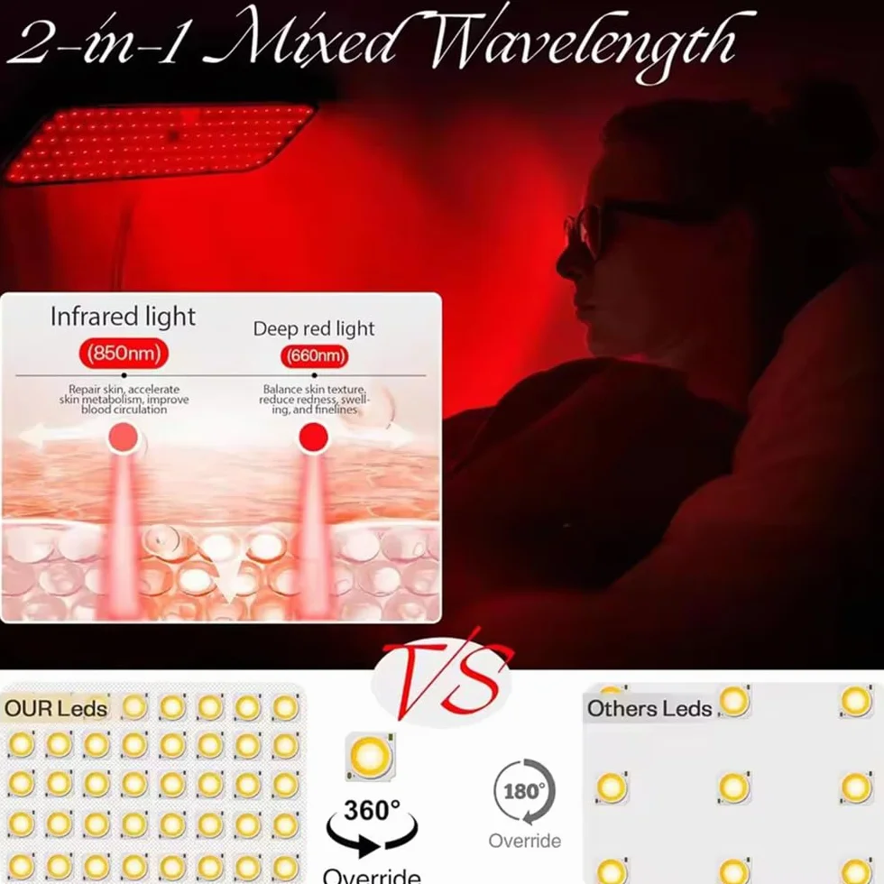 Lampa z czerwonym światłem, lampa stojąca, czerwone światło z cokołem, 126 LED 660 nm i 850 nm z cokołem, szyja wannowa 360°, regulacja wysokości, 4 poziomy jasności i timer, do łagodzenia twarzy