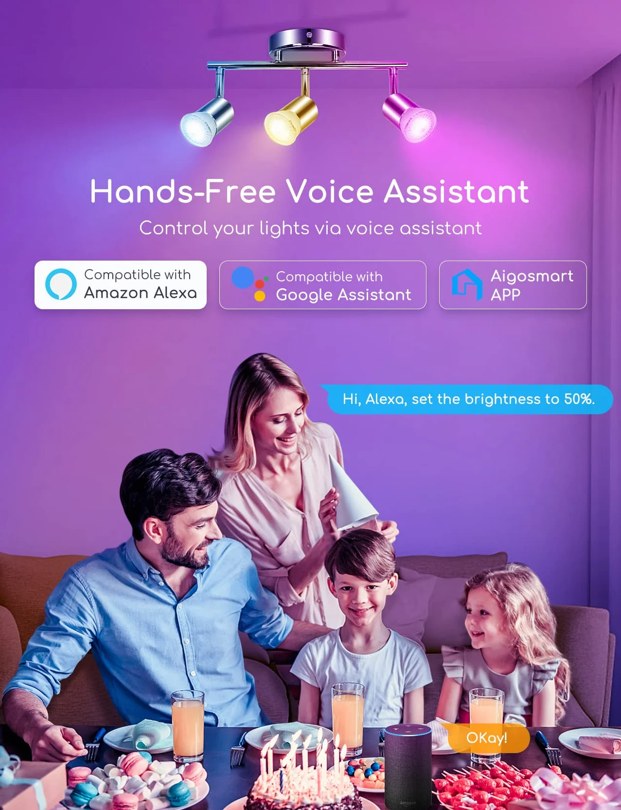Żarówka LED Aigostar Wifi GU10 Smart Light Bulb 7W 555LM, Alexa Light Bulb RGB i 2700K-6500K, ściemnialna, połączona, WiFi, kompatybilna z Google Home/Alexa, 4 sztuk