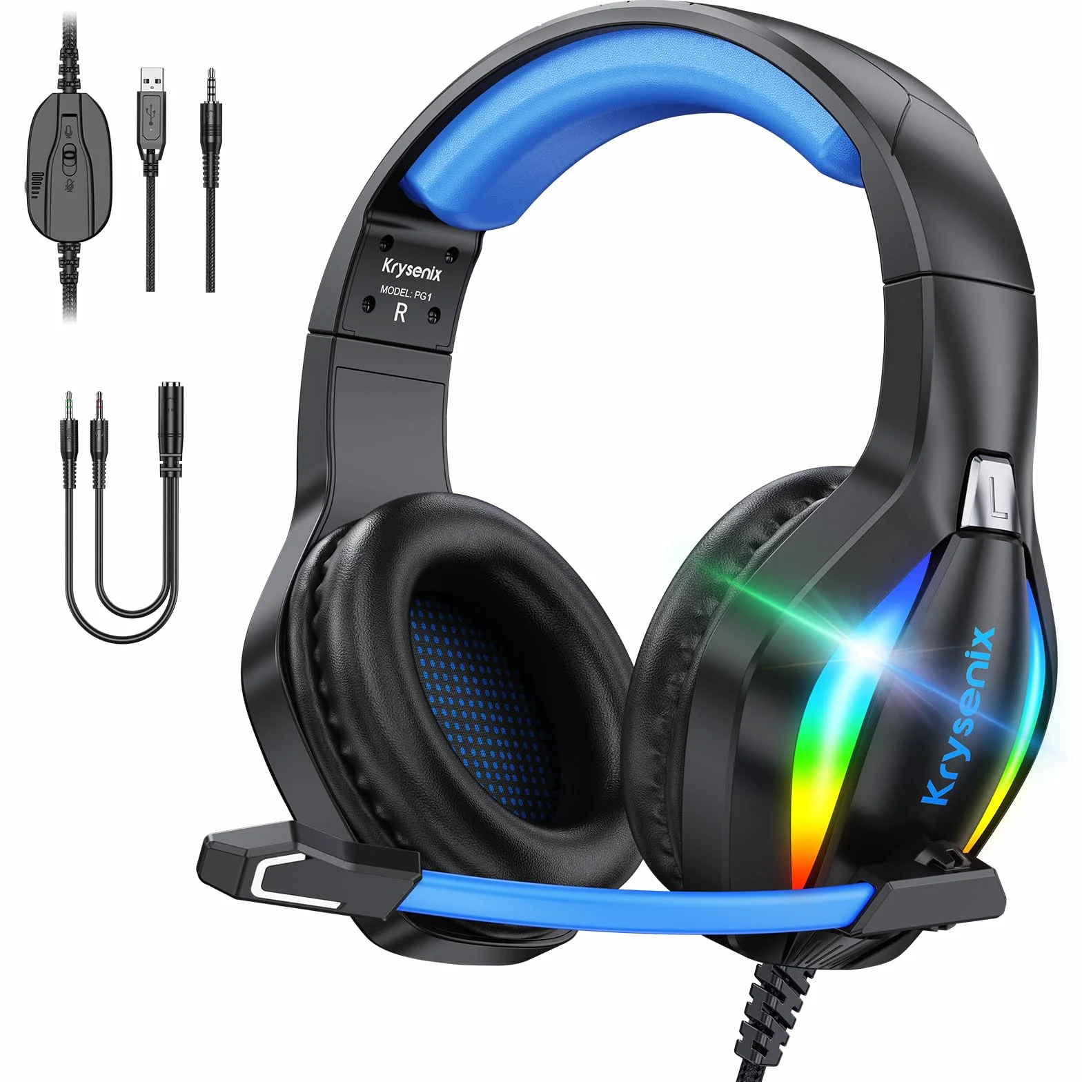 Krysenix Zestaw Słuchawkowy PG1 do PS4/PS5/PC/Nintendo Switch/Xbox One, Stereo AI z Mikrofonem, 3,5 mm, RGB, Jasnoczarny + Niebieski