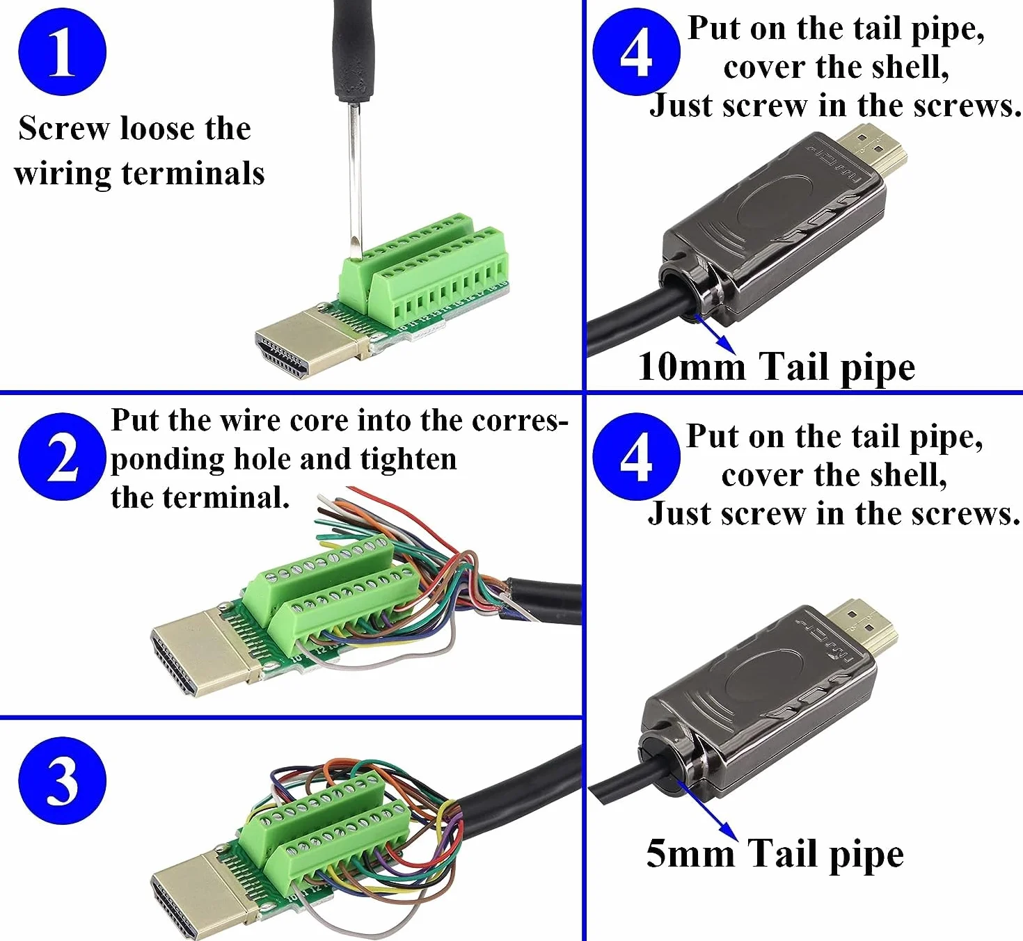 Adapter zacisku śrubowego bez lutowania HDMI, męski moduł bez lutowania, wtyczka puszka rozgałęźna HD, moduł sygnałowy z metalową obudową. (2 szt./męski)