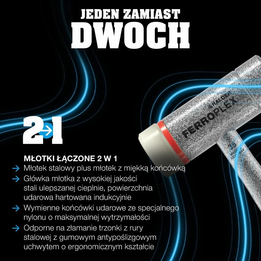 HALDER Młotek wielofunkcyjny, płaski, ergonomiczny | Stal stopowa, stal | 30 mm, 3677.030 g