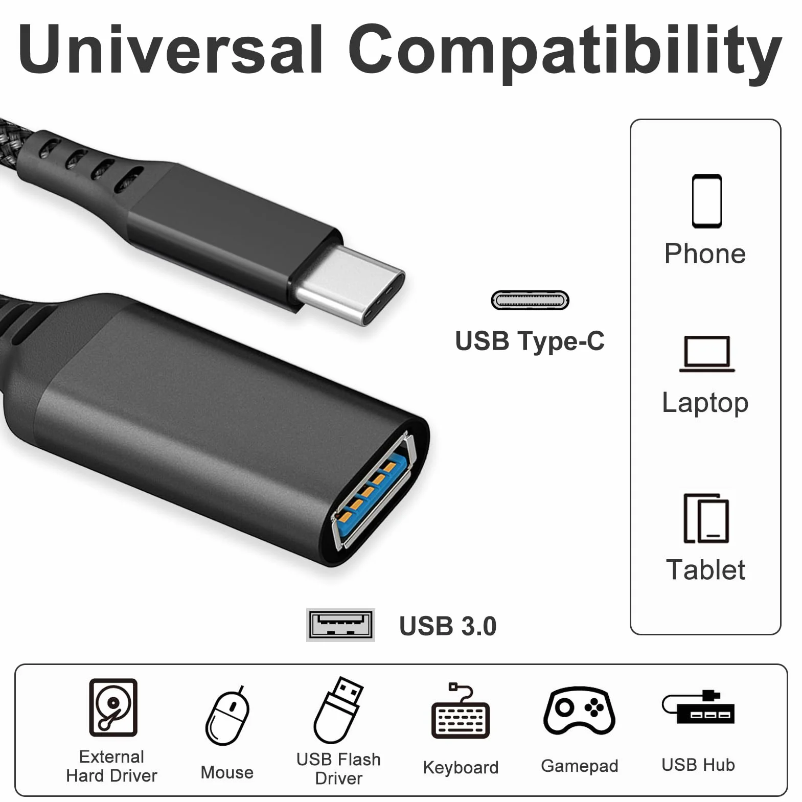 Adapter USB C na USB OTG, typ C na USB 3.0, 20 cm, kompatybilny z MacBook, iPad, Samsung Galaxy