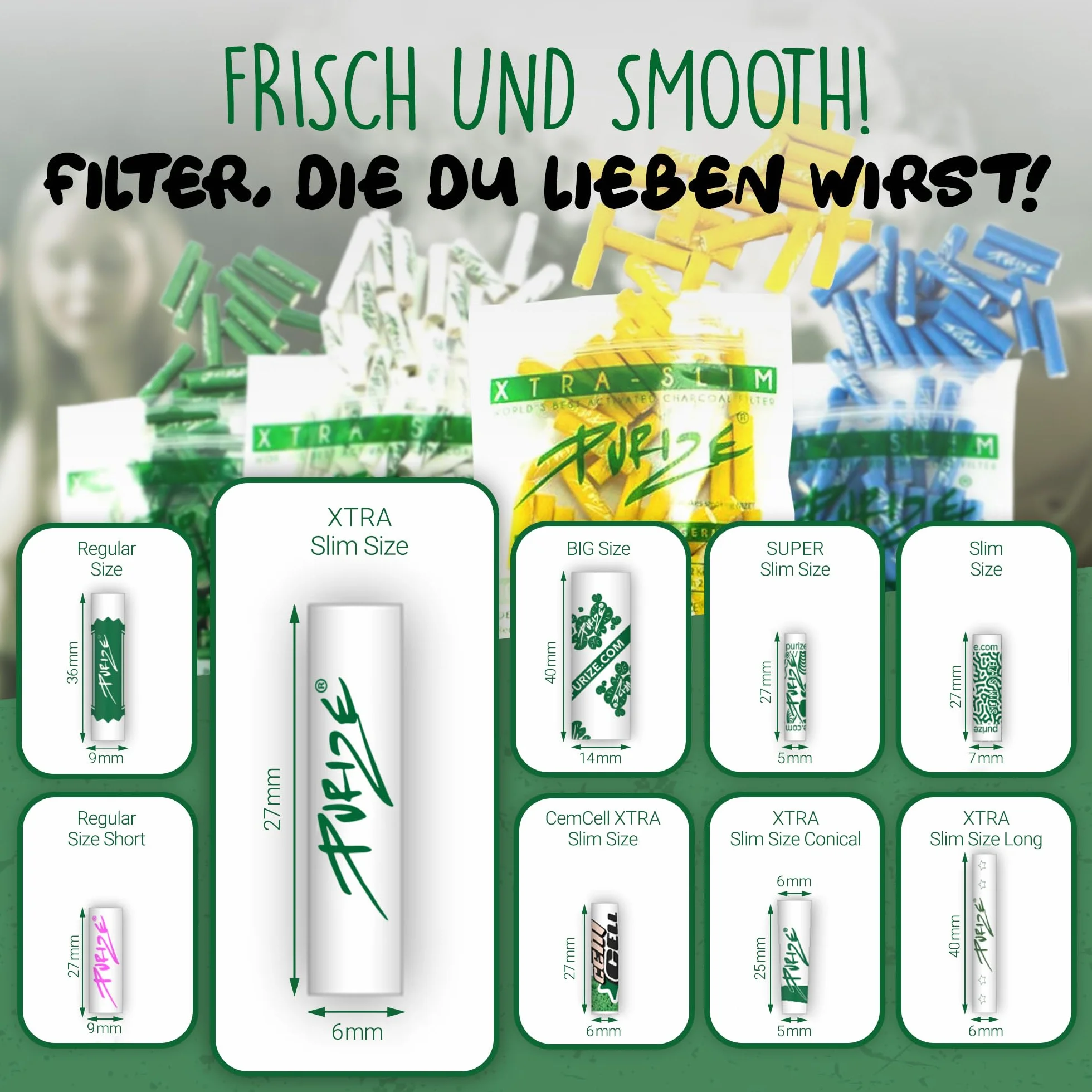 100 szt. PURIZE® Xtra Slim Size filtr z węglem aktywnym, żółty