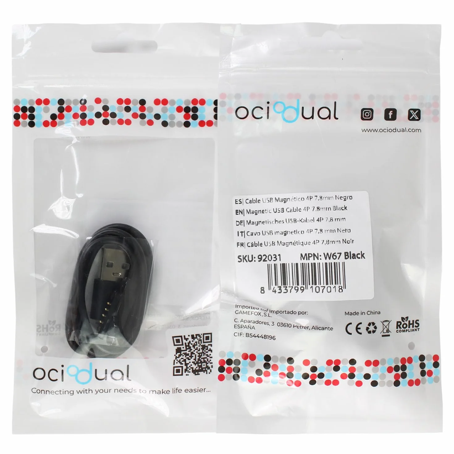 OcioDual Kabel USB do ładowania smartwatcha, uniwersalny model 4-biegunowy, 7,8 mm, podstawa magnetyczna, różne modele smartwatcha, czarny