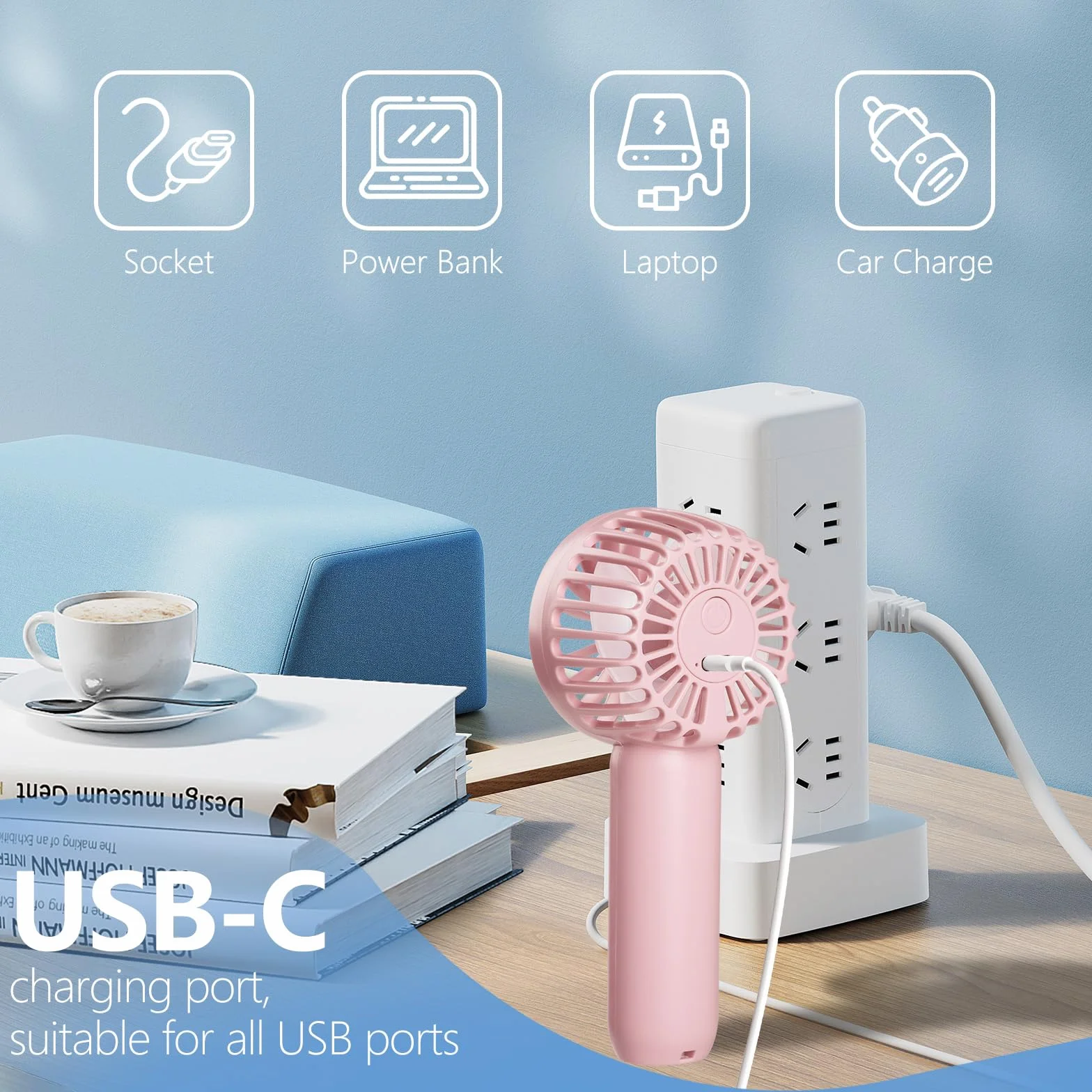 Hianjoo Przenośny mini wentylator 2000 mAh ładowany przez USB ręczny i stojący różowy