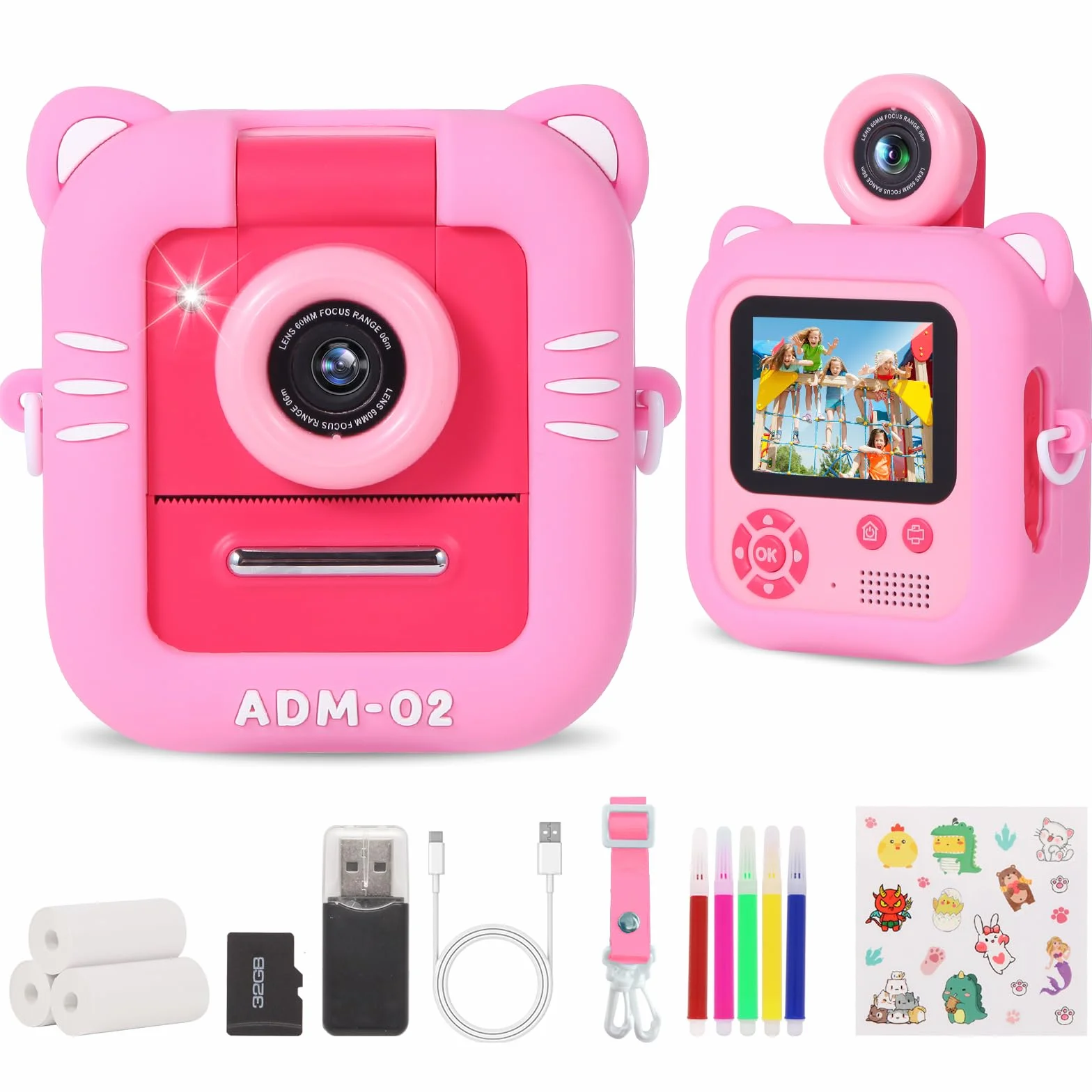 Aparat dla dzieci do natychmiastowego drukowania ZUEOKAI 2.4" z obiektywem obracanym o 180°, 3 papierami do druku, kartą 32GB i etui z silikonu, idealny na prezenty dla dzieci od 3 do 10 lat