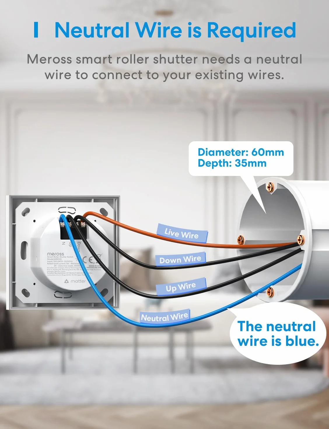 Meross Matter Wlan przełącznik rolet Smart (wymagany kabel), kompatybilny z Apple HomeKit, Alexa, Google Home i Home Assistant, sterowanie roletą Smart Home, 4 sztuki