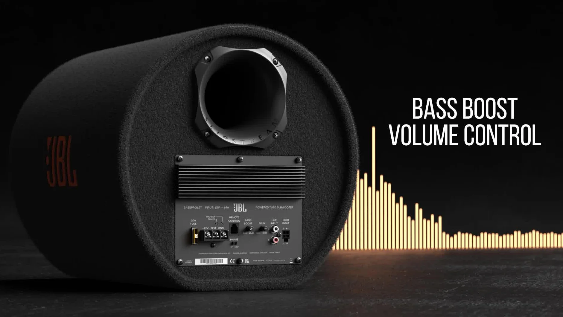JBL BassPro Tube 12" 30 cm wzmacniacz samochodowy subwoofer, rurka samochodowa ze wzmacniaczem klasy D 450 W max, potężne wzmocnienie basu, opatentowany port basowy, pilot zdalnego sterowania