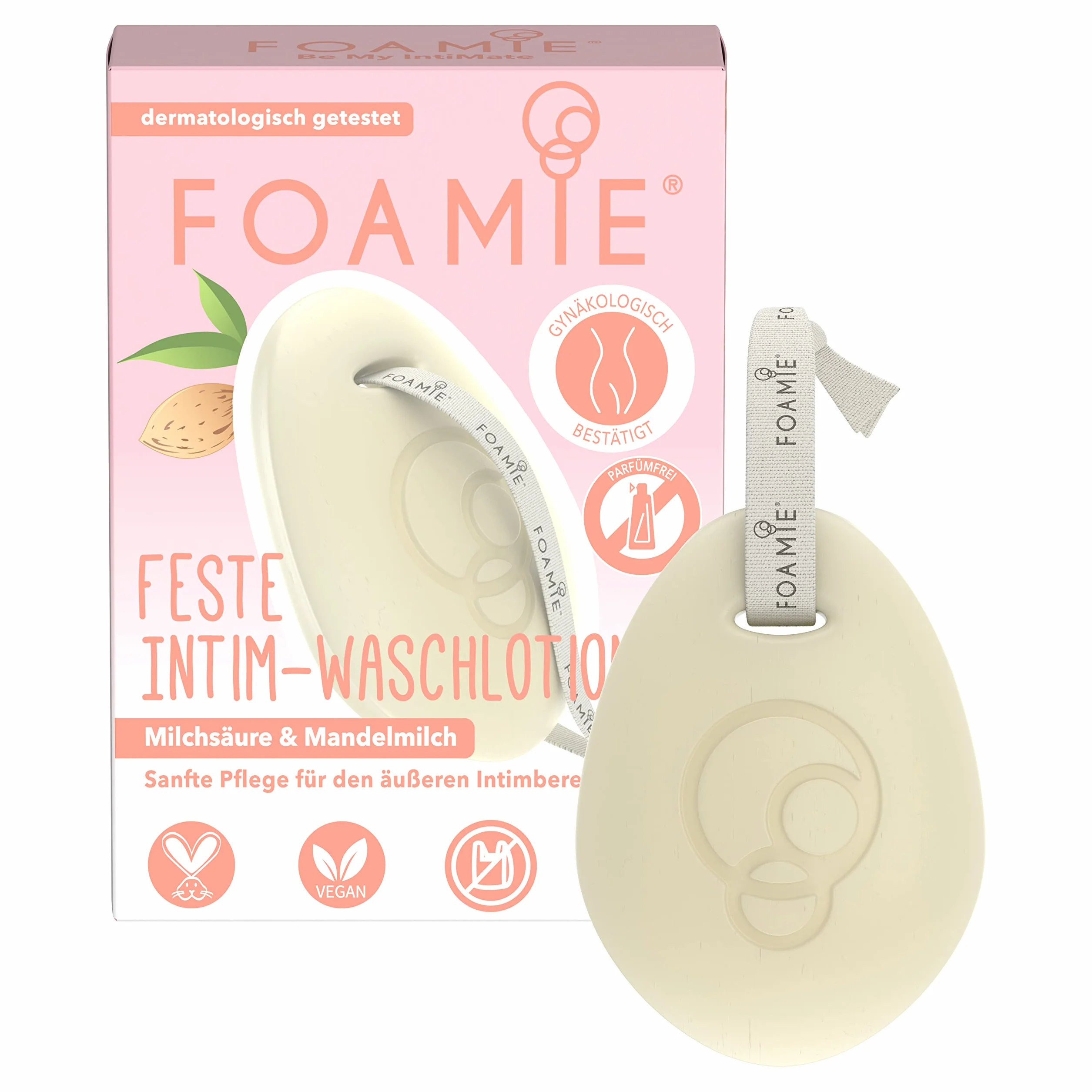 Foamie Stały balsam do mycia intymnego, pielęgnacja intymna dla kobiet z kwasem mlekowym i mlekiem migdałowym bez perfum, alkohol, barwniki, prysznic intymny dla delikatnej pielęgnacji zewnętrznej