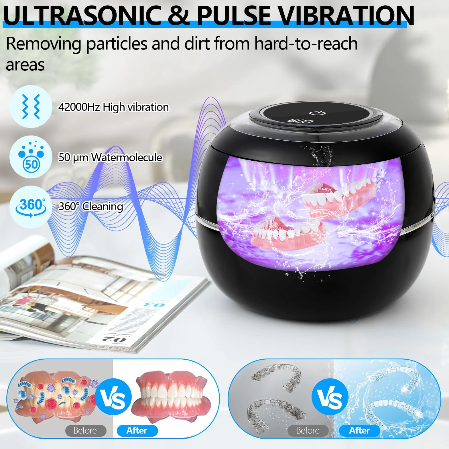 Ultrasoniczne urządzenie do czyszczenia protez, 42000 Hz, 180 ml, ultradźwiękowe urządzenie do czyszczenia UV, 30 W, do protez zębowych, korektorów, ochraniaczy i ochrony jamy ustnej (czarne)