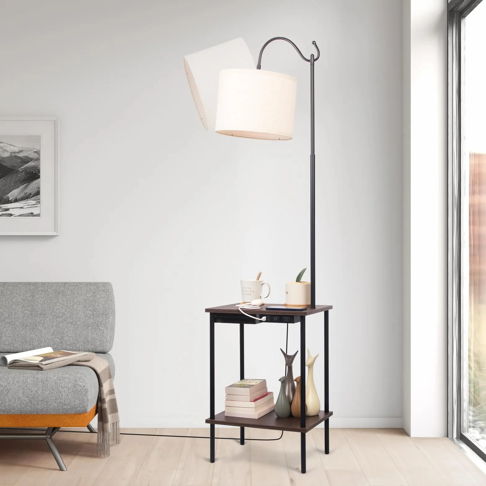 Czarna lampa podłogowa z stolikiem, lampa przemysłowa do salonu z podwójną półką, 2 porty USB, lampa podłogowa do gabinetu, salonu, biura i sypialni