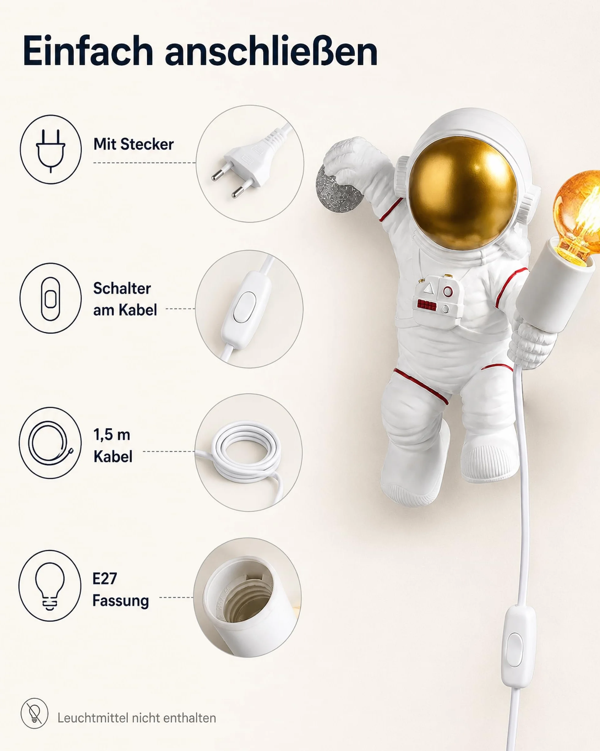 ACMHNC Kinkiet dziecięcy z wtyczką i przełącznikiem, astronautów lampa ścienna do pokoju dziecięcego z kablem 1,5 M, oświetlenie ścienne w pomieszczeniach dla chłopców i dziewcząt, E27, biała